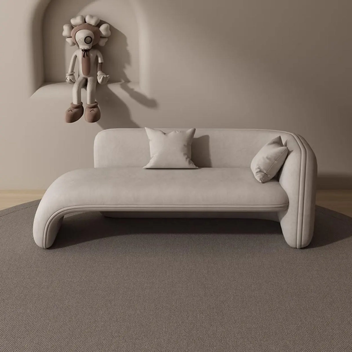 Beige Medium Curved Flannel Chaise Lounge Sofa with Arm Image - 3