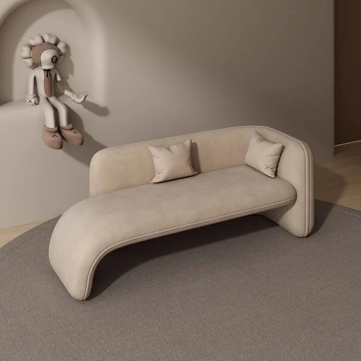 Beige Medium Curved Flannel Chaise Lounge Sofa with Arm Image - 5