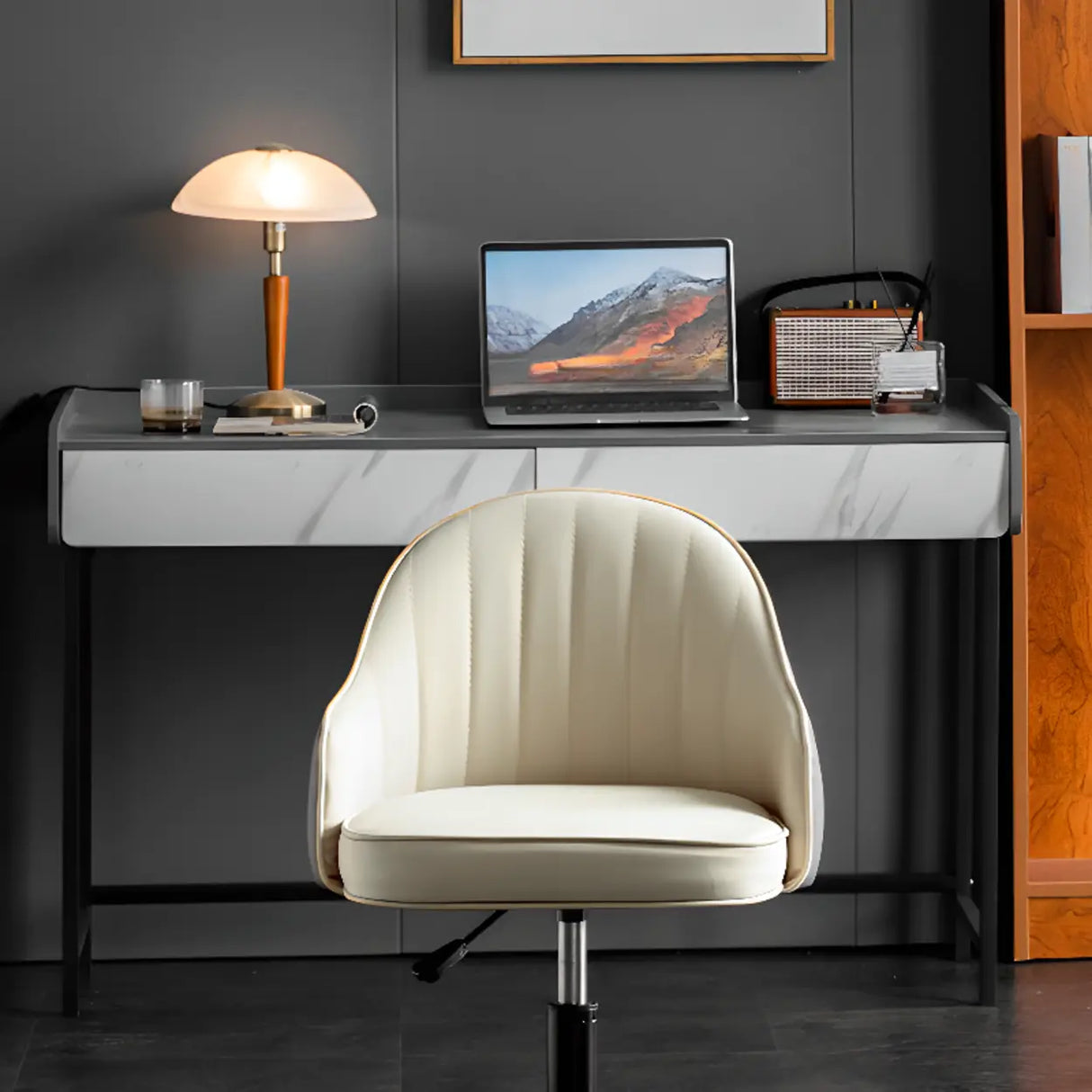 Beige Modish Swivel Curved Leather Low-Back Office Chair Image - 1