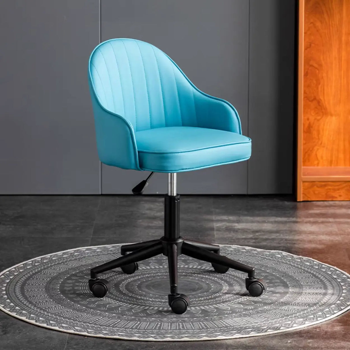 Beige Modish Swivel Curved Leather Low-Back Office Chair Image - 11