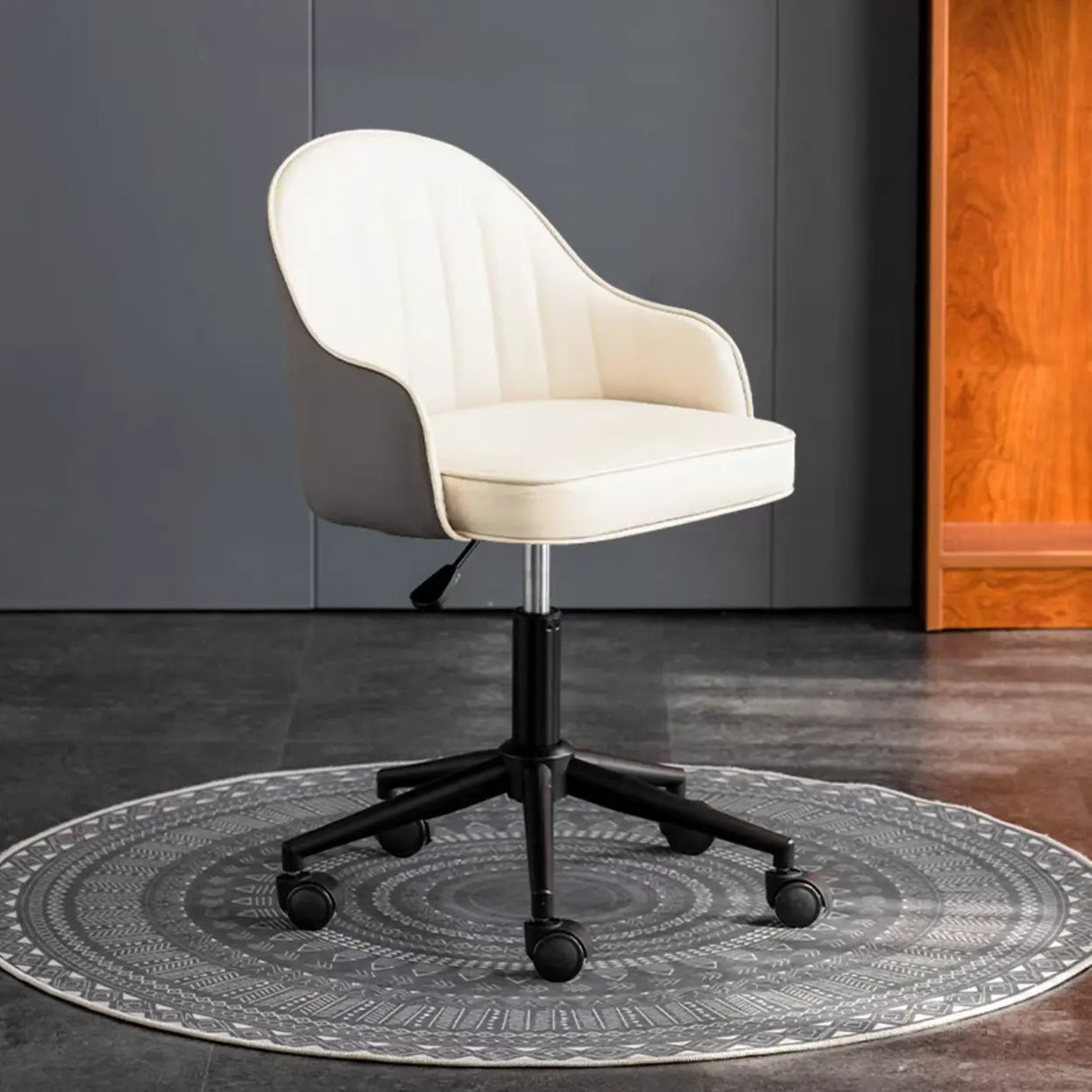 Beige Modish Swivel Curved Leather Low-Back Office Chair Image - 13