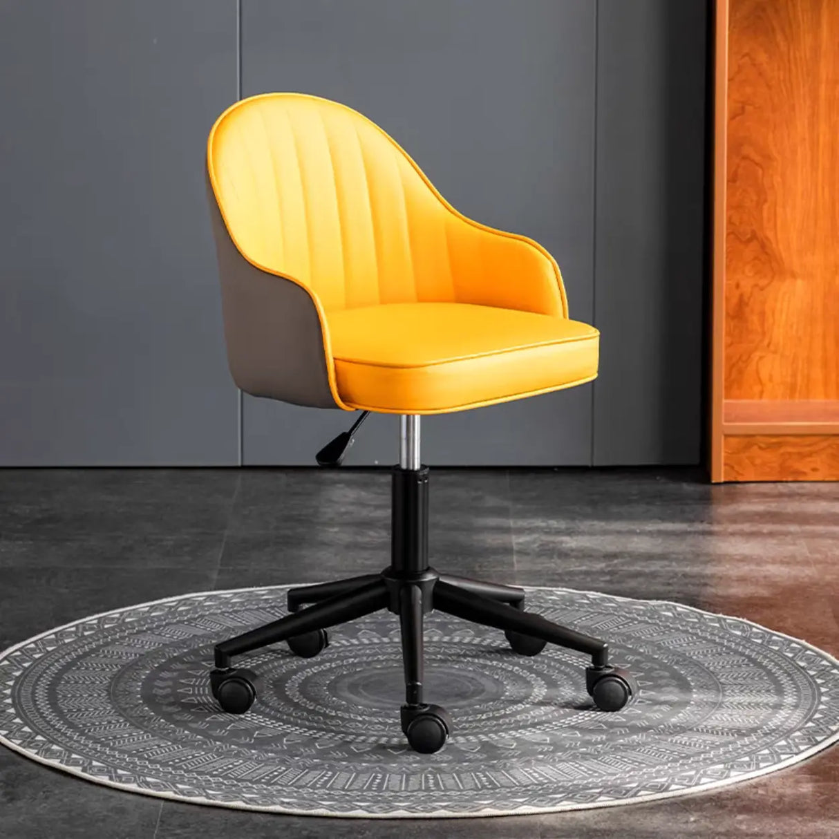 Beige Modish Swivel Curved Leather Low-Back Office Chair Image - 16