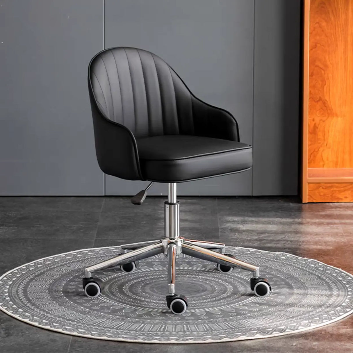 Beige Modish Swivel Curved Leather Low-Back Office Chair Image - 17