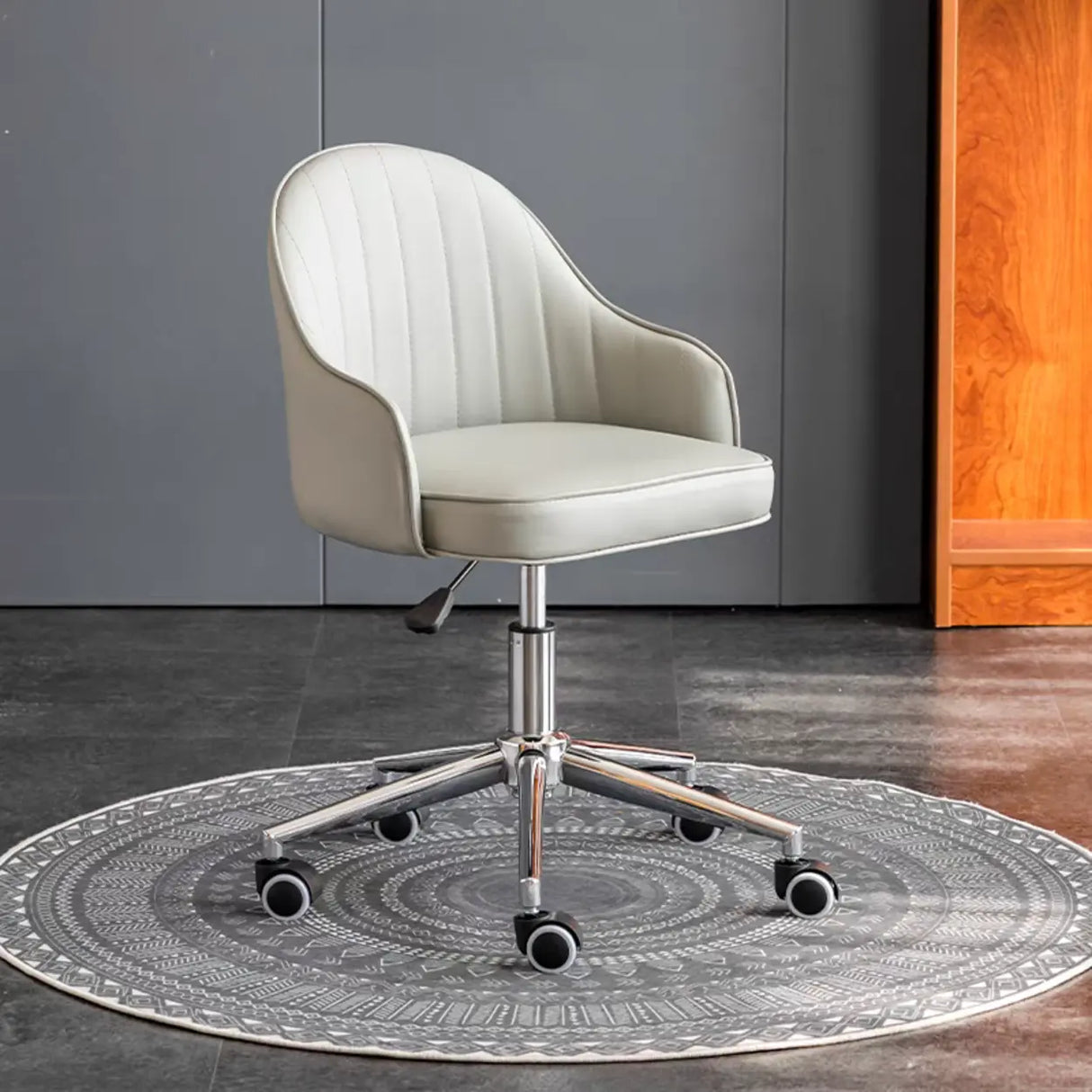 Beige Modish Swivel Curved Leather Low-Back Office Chair Image - 18