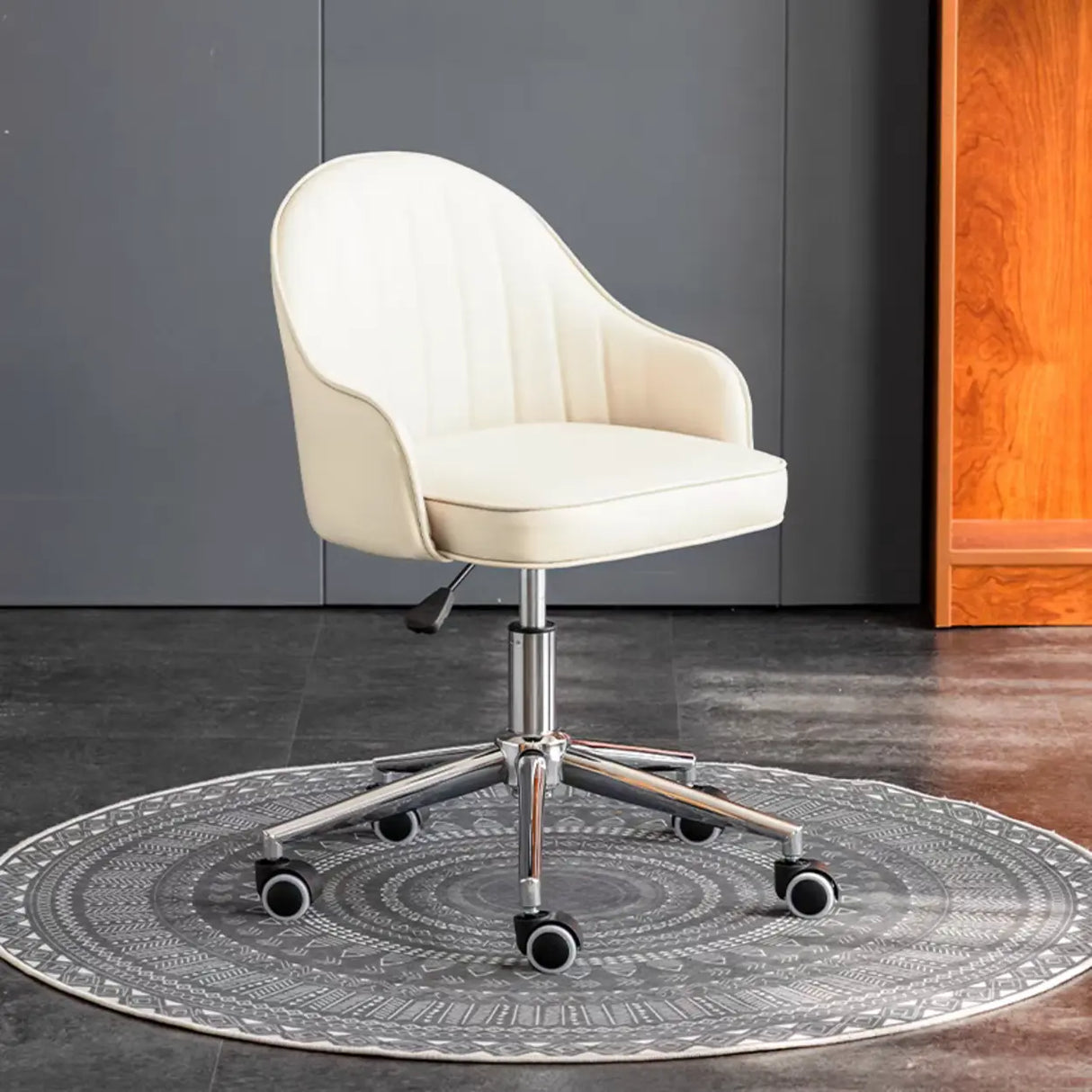 Beige Modish Swivel Curved Leather Low-Back Office Chair Image - 19