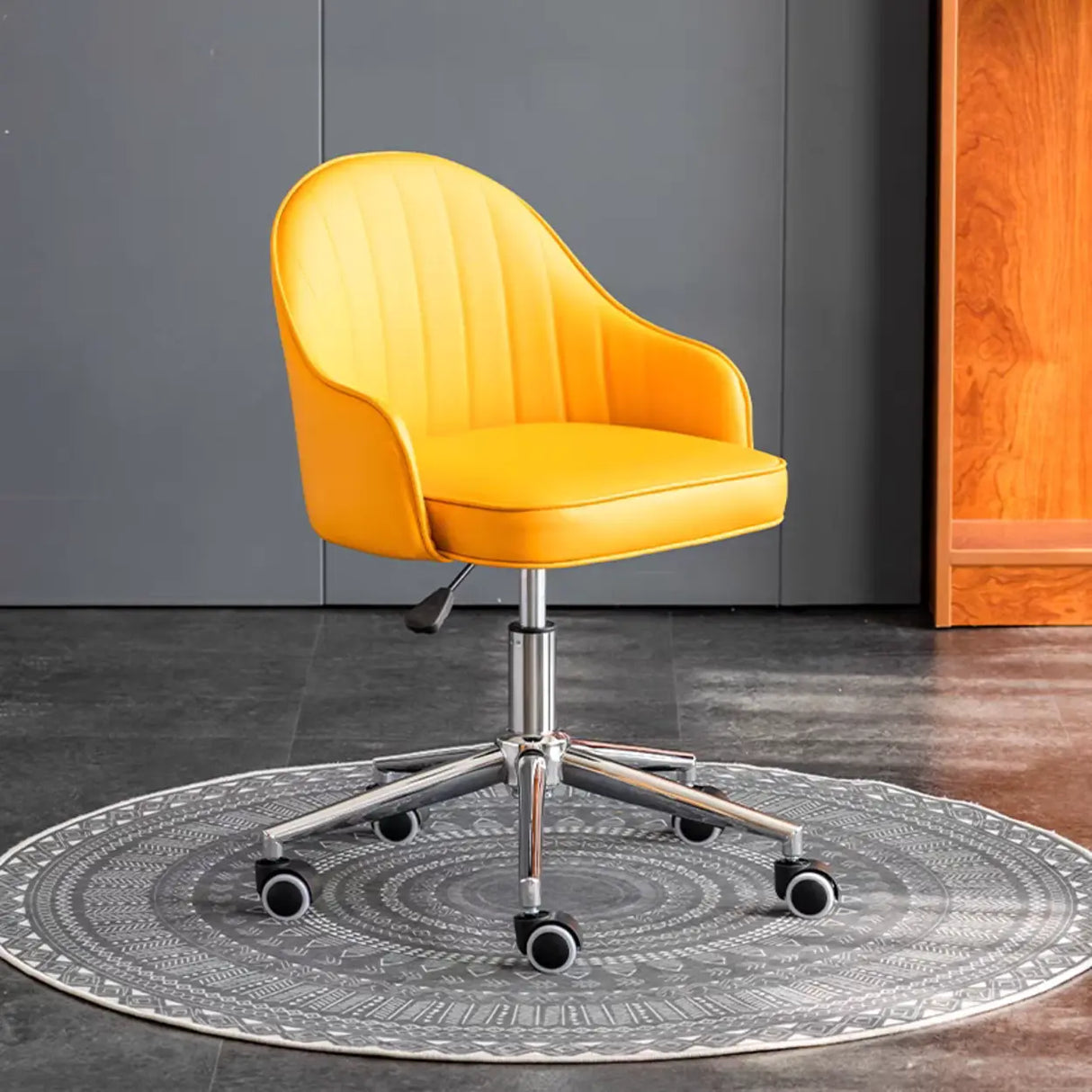 Beige Modish Swivel Curved Leather Low-Back Office Chair Image - 20