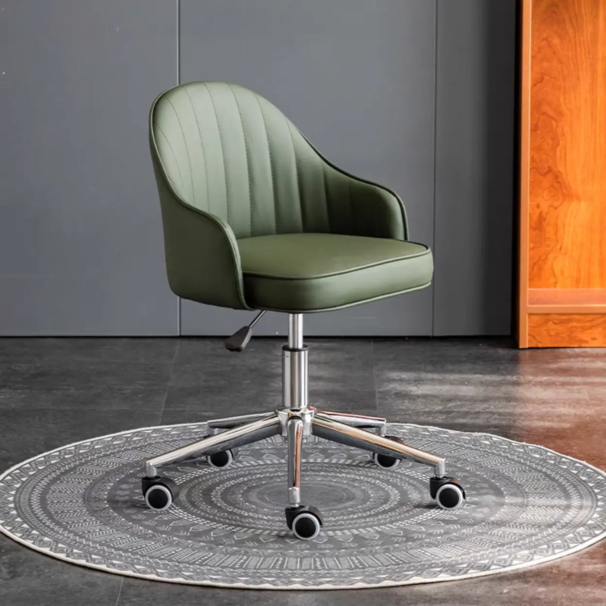 Beige Modish Swivel Curved Leather Low-Back Office Chair Image - 22