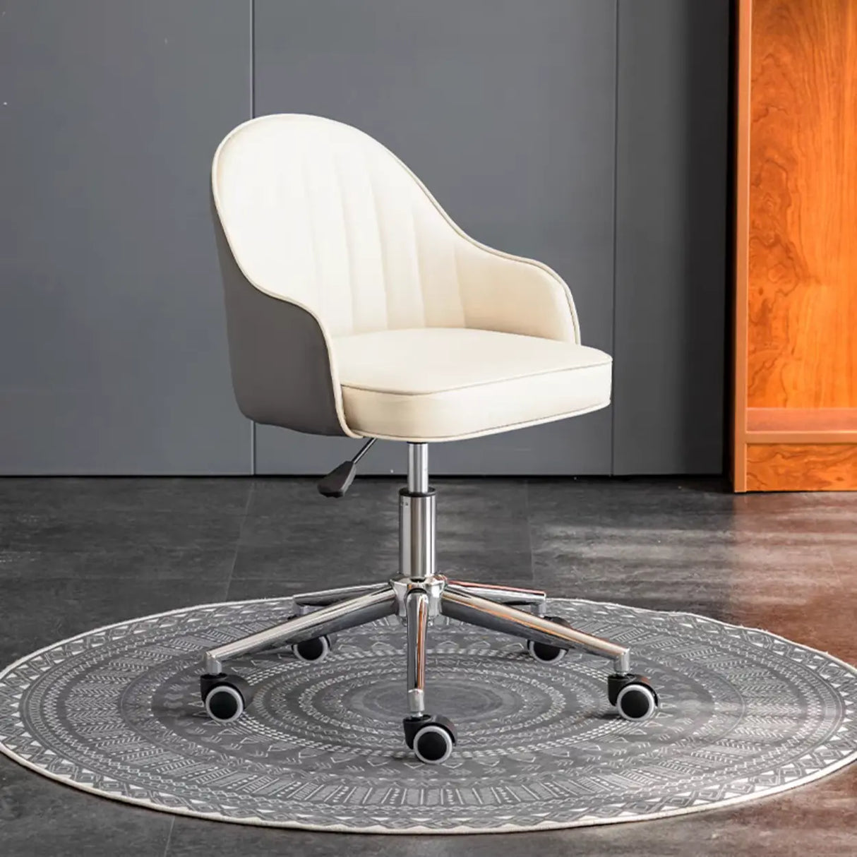 Beige Modish Swivel Curved Leather Low-Back Office Chair Image - 23