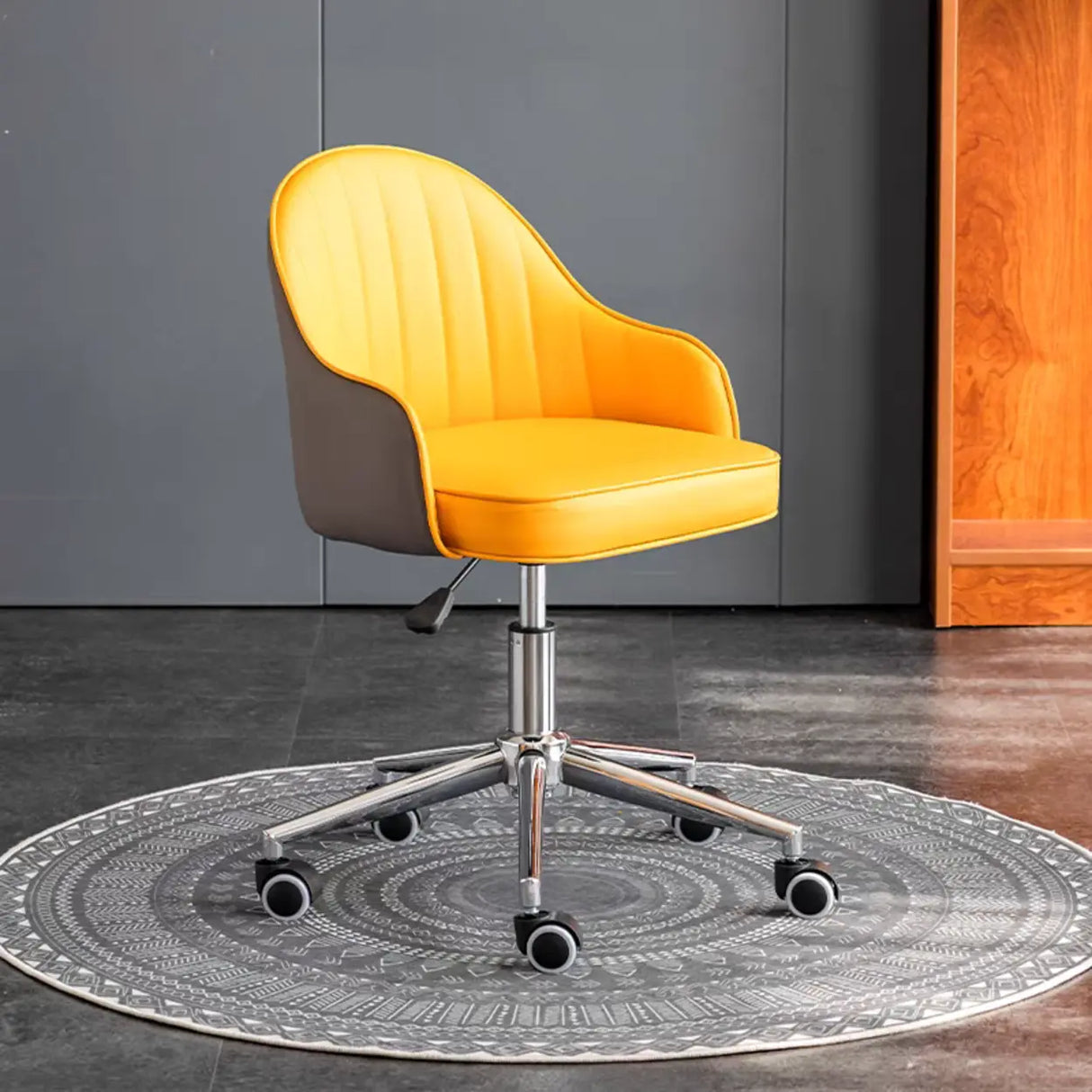 Beige Modish Swivel Curved Leather Low-Back Office Chair Image - 24