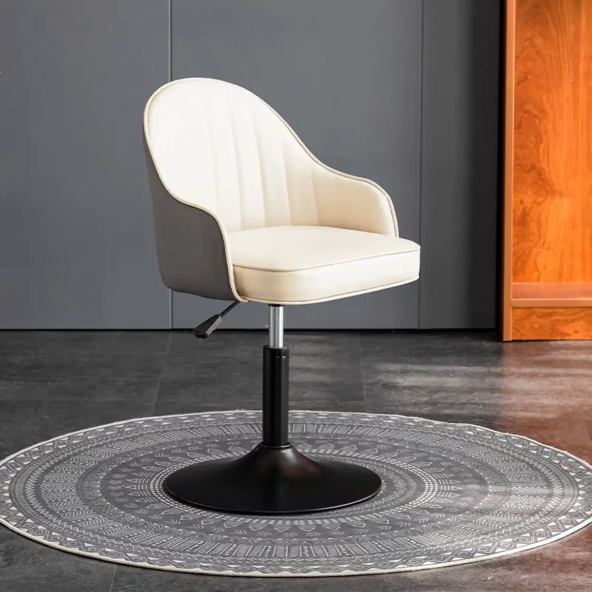 Beige Modish Swivel Curved Leather Low-Back Office Chair Image - 26