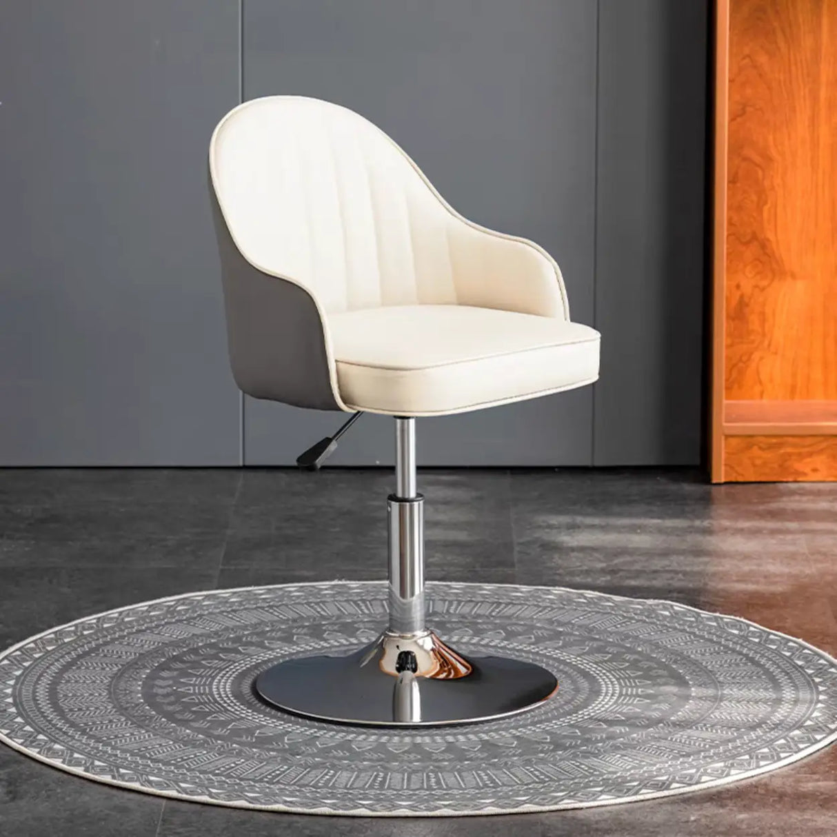 Beige Modish Swivel Curved Leather Low-Back Office Chair Image - 27