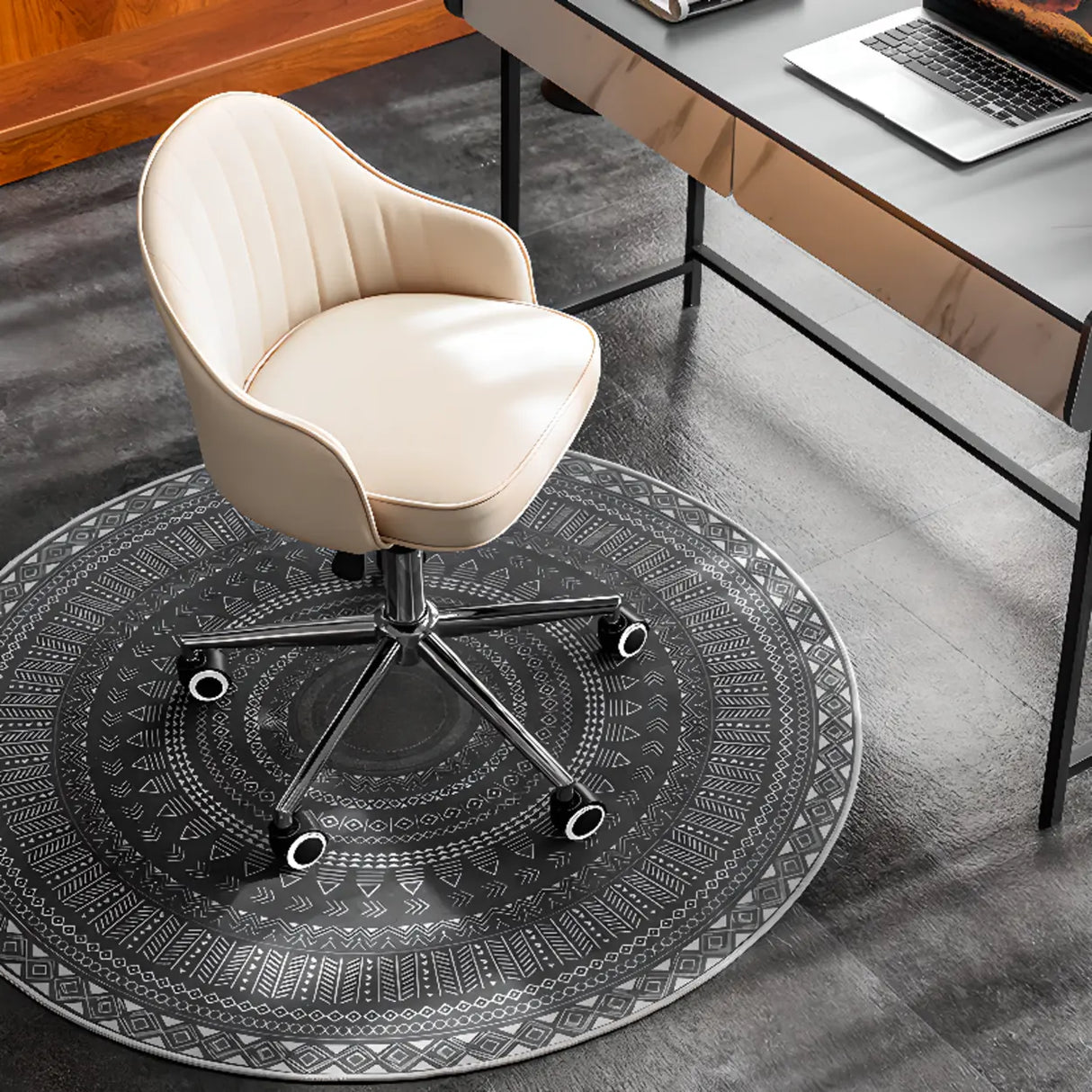 Beige Modish Swivel Curved Leather Low-Back Office Chair Image - 3