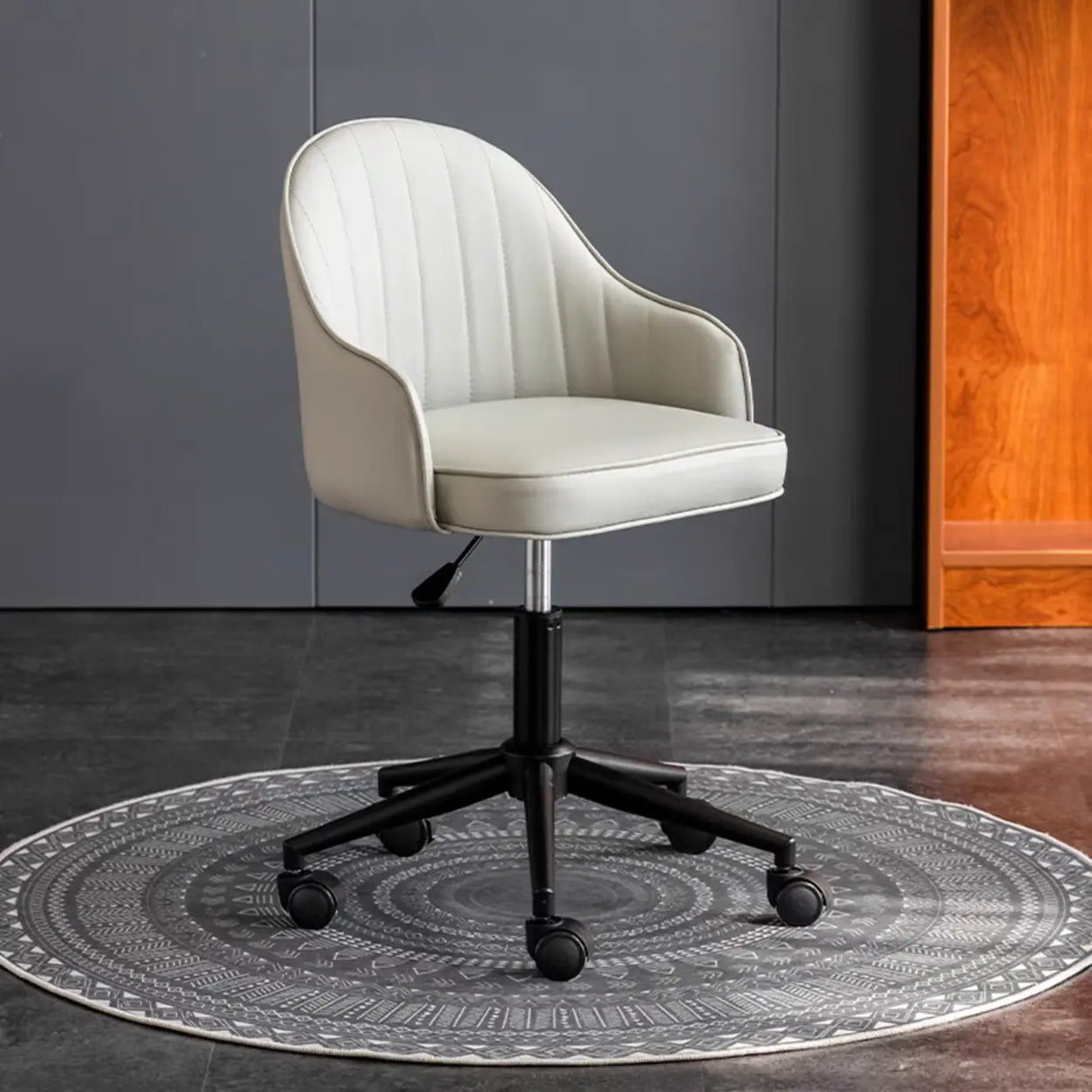 Beige Modish Swivel Curved Leather Low-Back Office Chair Image - 4