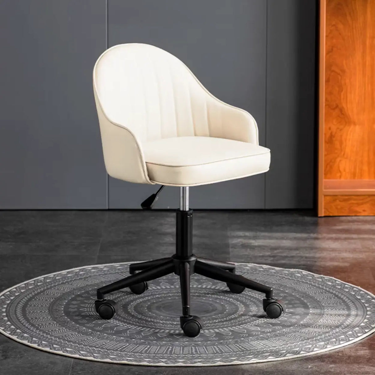 Beige Modish Swivel Curved Leather Low-Back Office Chair Image - 5