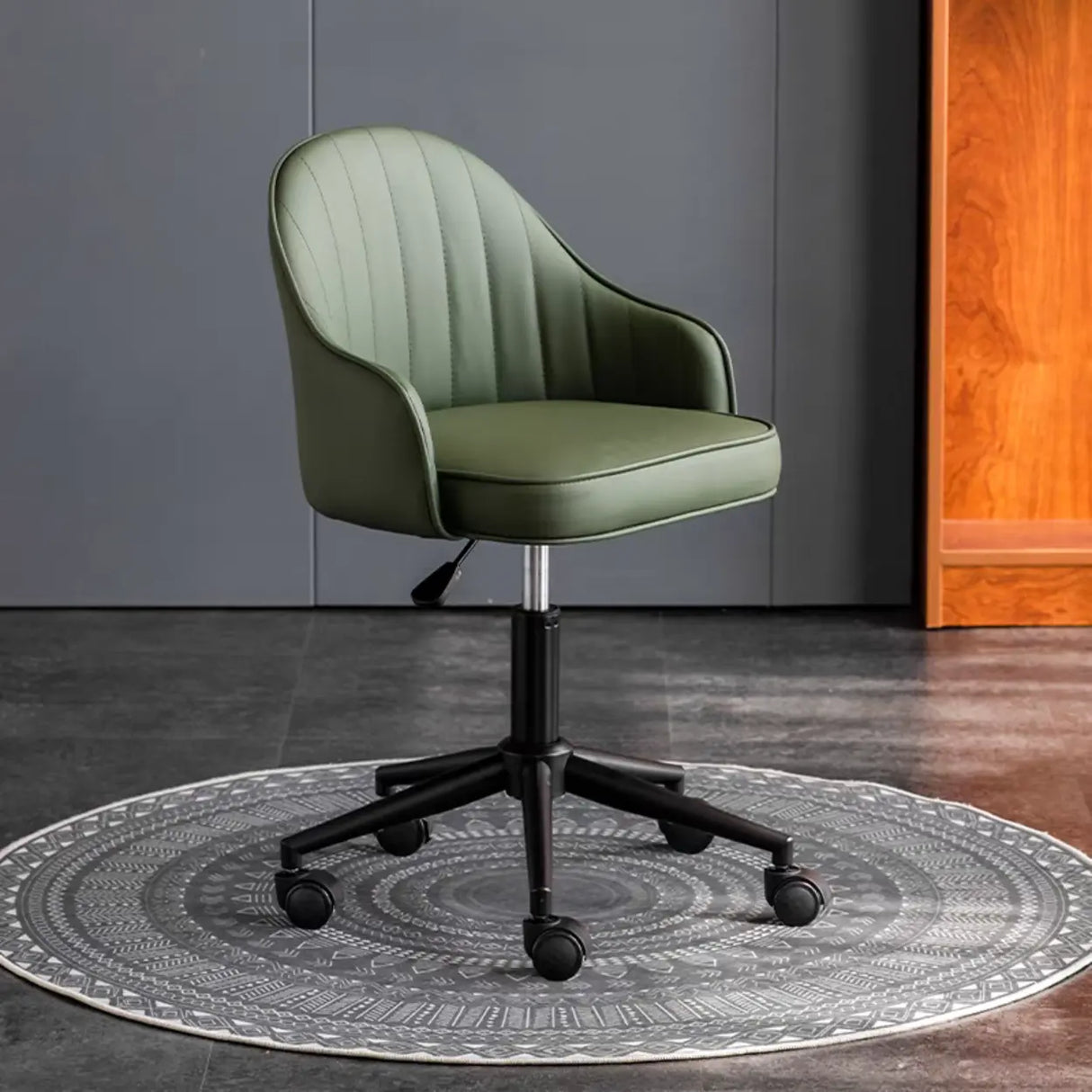 Beige Modish Swivel Curved Leather Low-Back Office Chair Image - 9