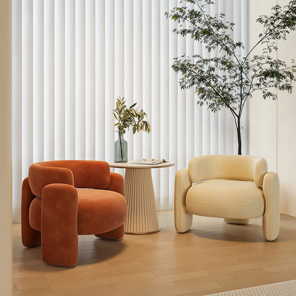 Beige Orange Frosted Velvet Fixed Back Arm Chair Image - 1