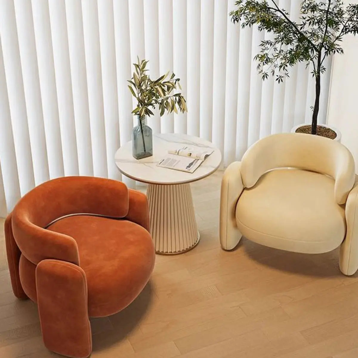 Beige Orange Frosted Velvet Fixed Back Arm Chair Image - 10