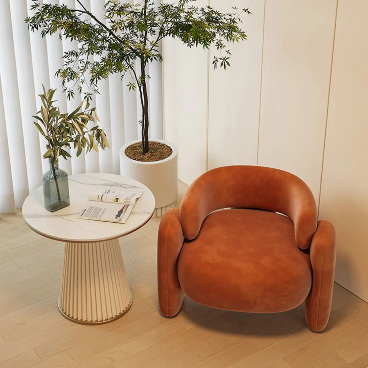 Beige Orange Frosted Velvet Fixed Back Arm Chair Image - 4