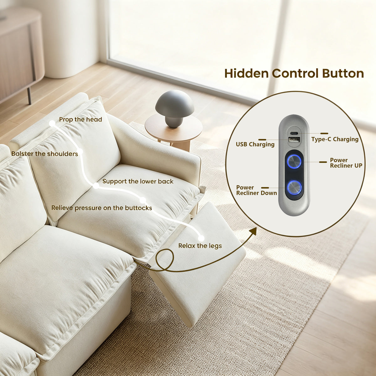 Beige power reclining sofa with extended footrest and hidden USB and Type-C charging control panel