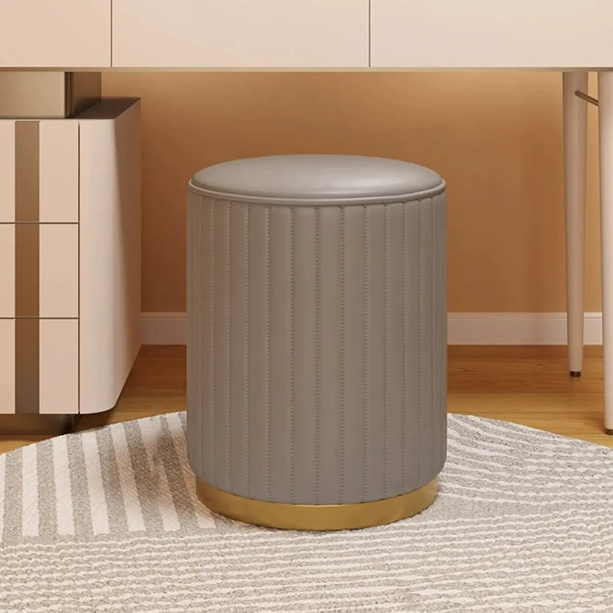 Beige Round Upholstered Vanity Stool with Wooden Base Image - 15