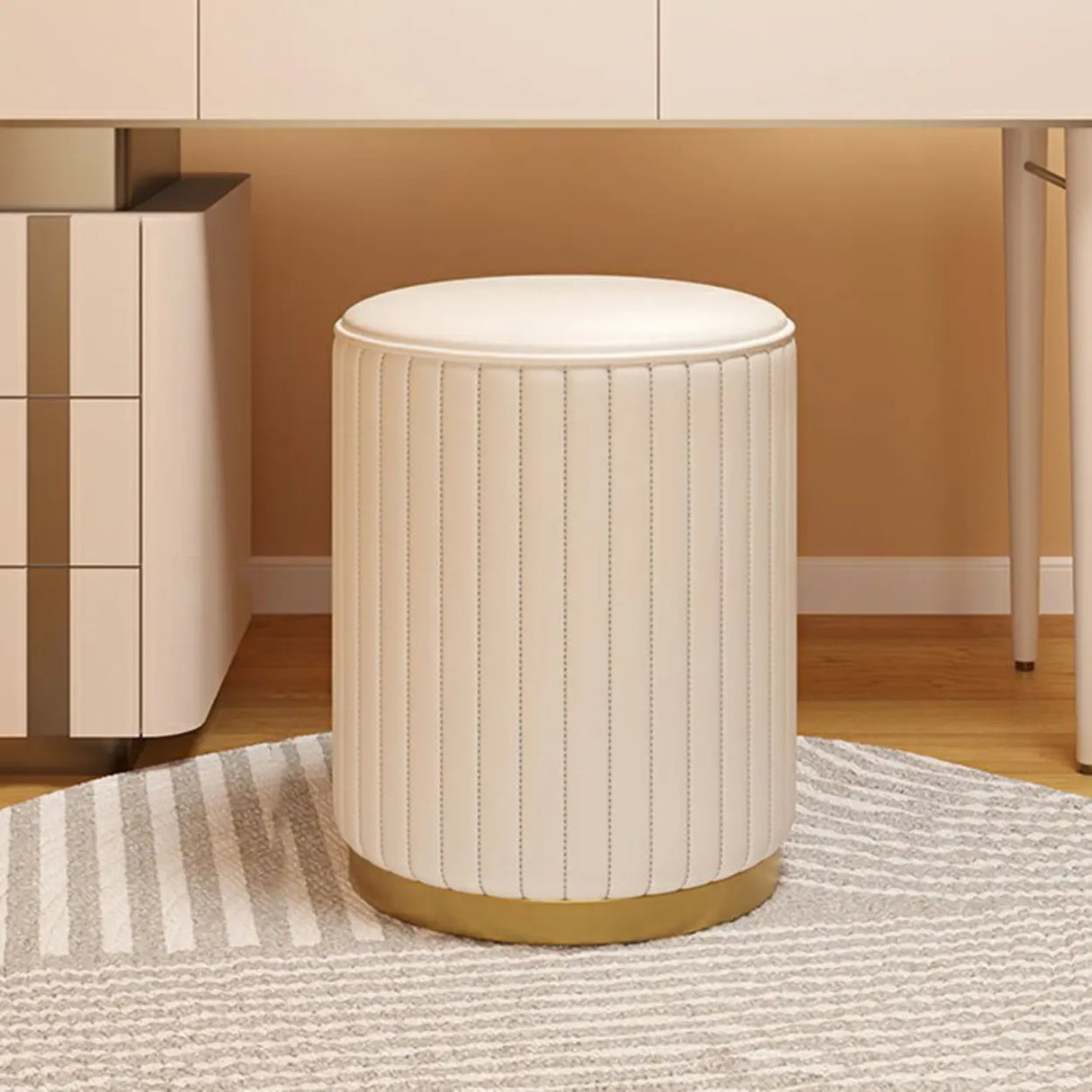 Beige Round Upholstered Vanity Stool with Wooden Base Image - 17