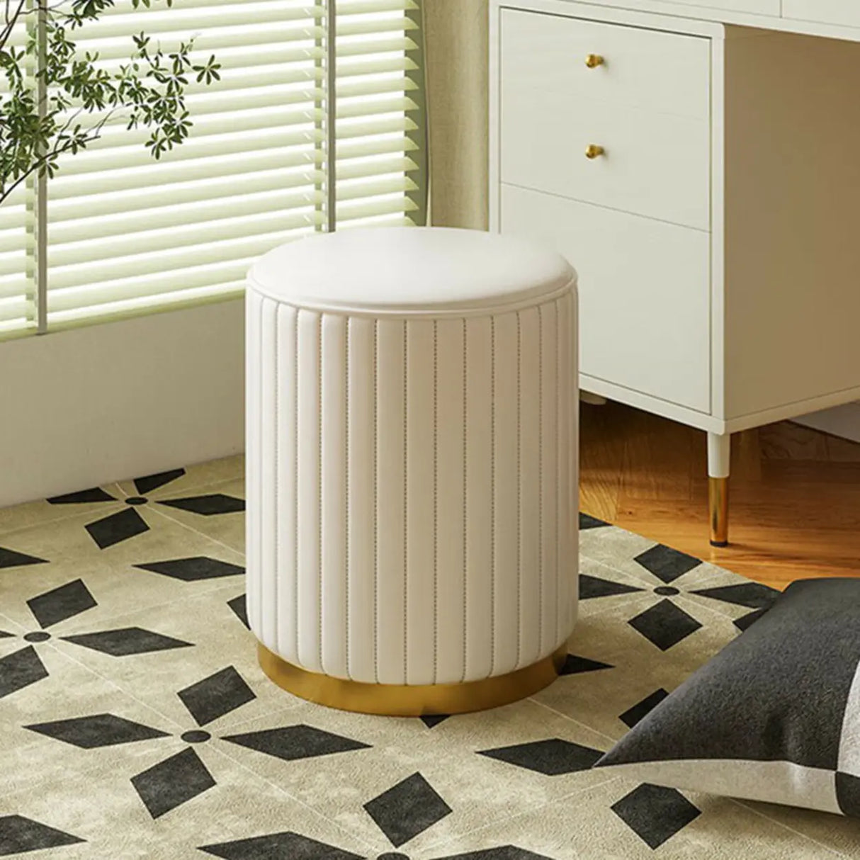 Beige Round Upholstered Vanity Stool with Wooden Base Image - 4