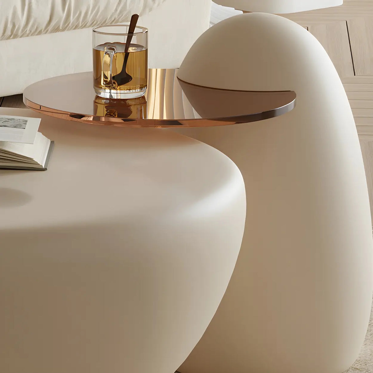 Beige Round Wood Top Pedestal Base Coffee Table Set Image - 15