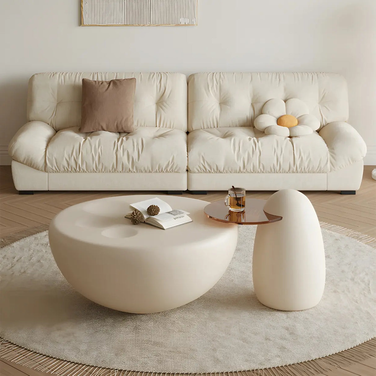Beige Round Wood Top Pedestal Base Coffee Table Set Image - 4