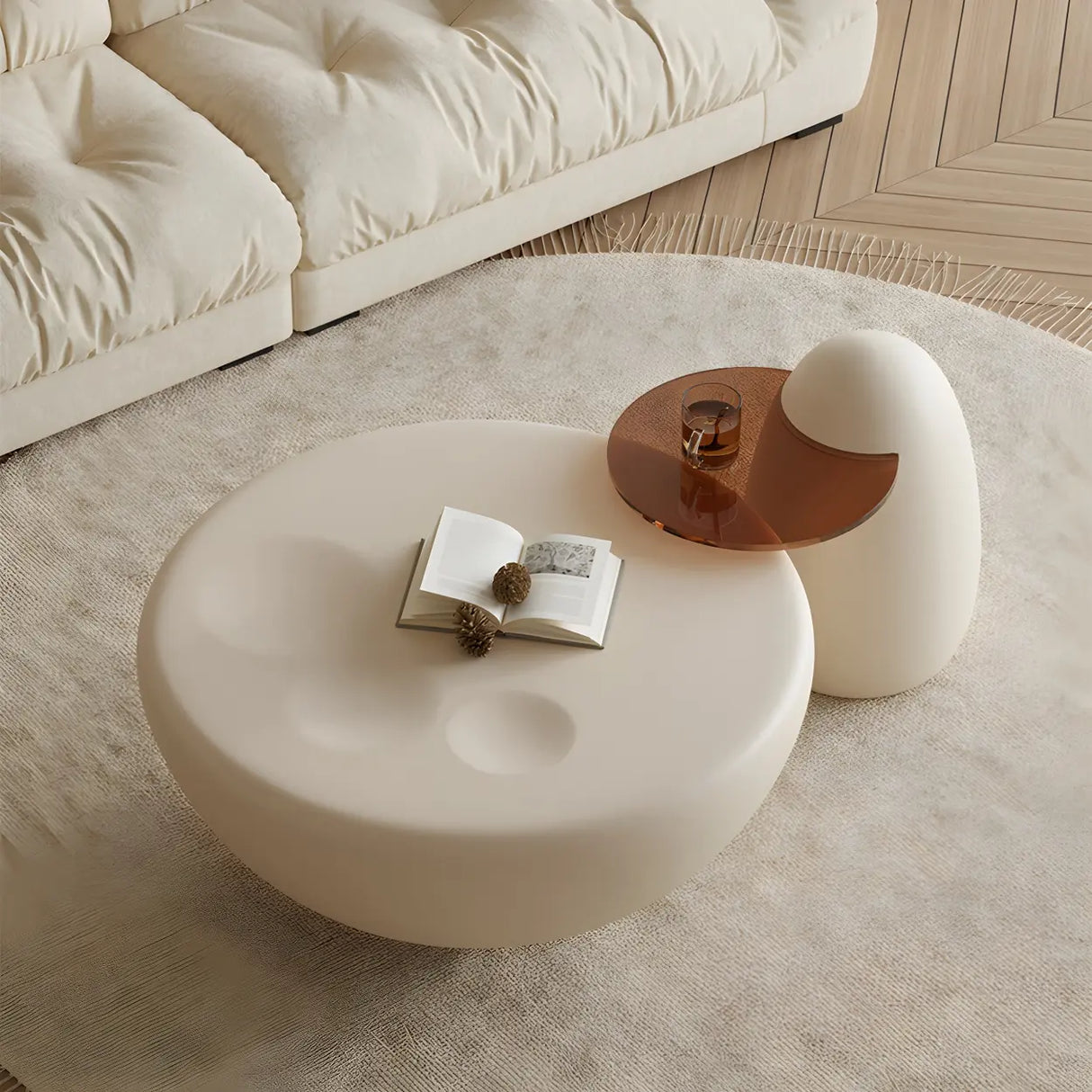 Beige Round Wood Top Pedestal Base Coffee Table Set Image - 6