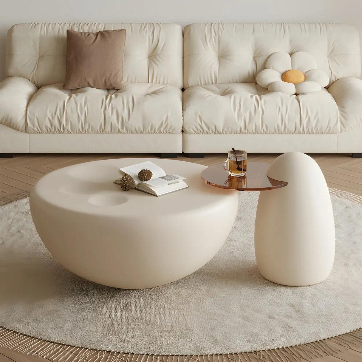 Beige Round Wood Top Pedestal Base Coffee Table Set Image - 8