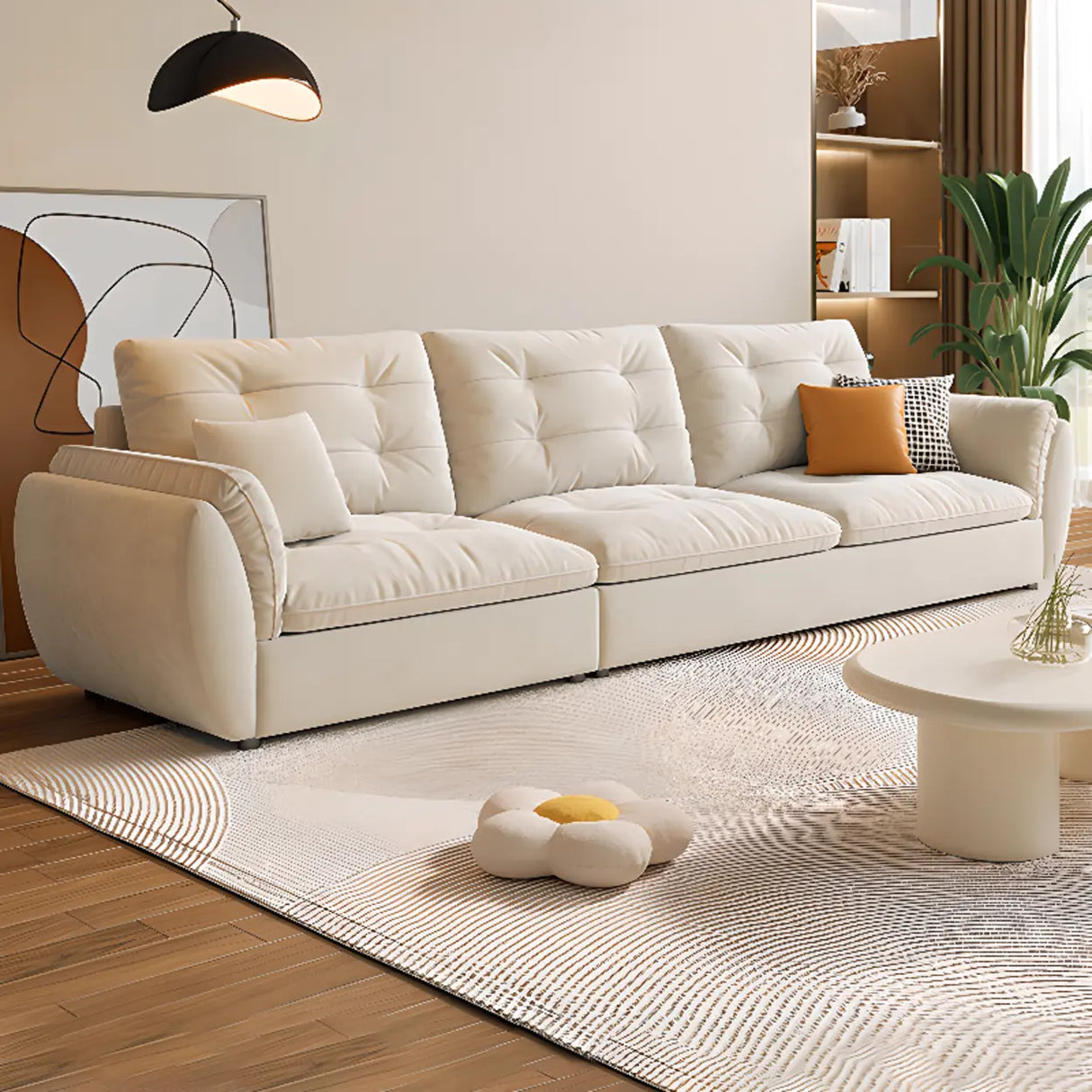 Beige Scratch Resistant Pillow Back Sofa with Ottoman Image - 1