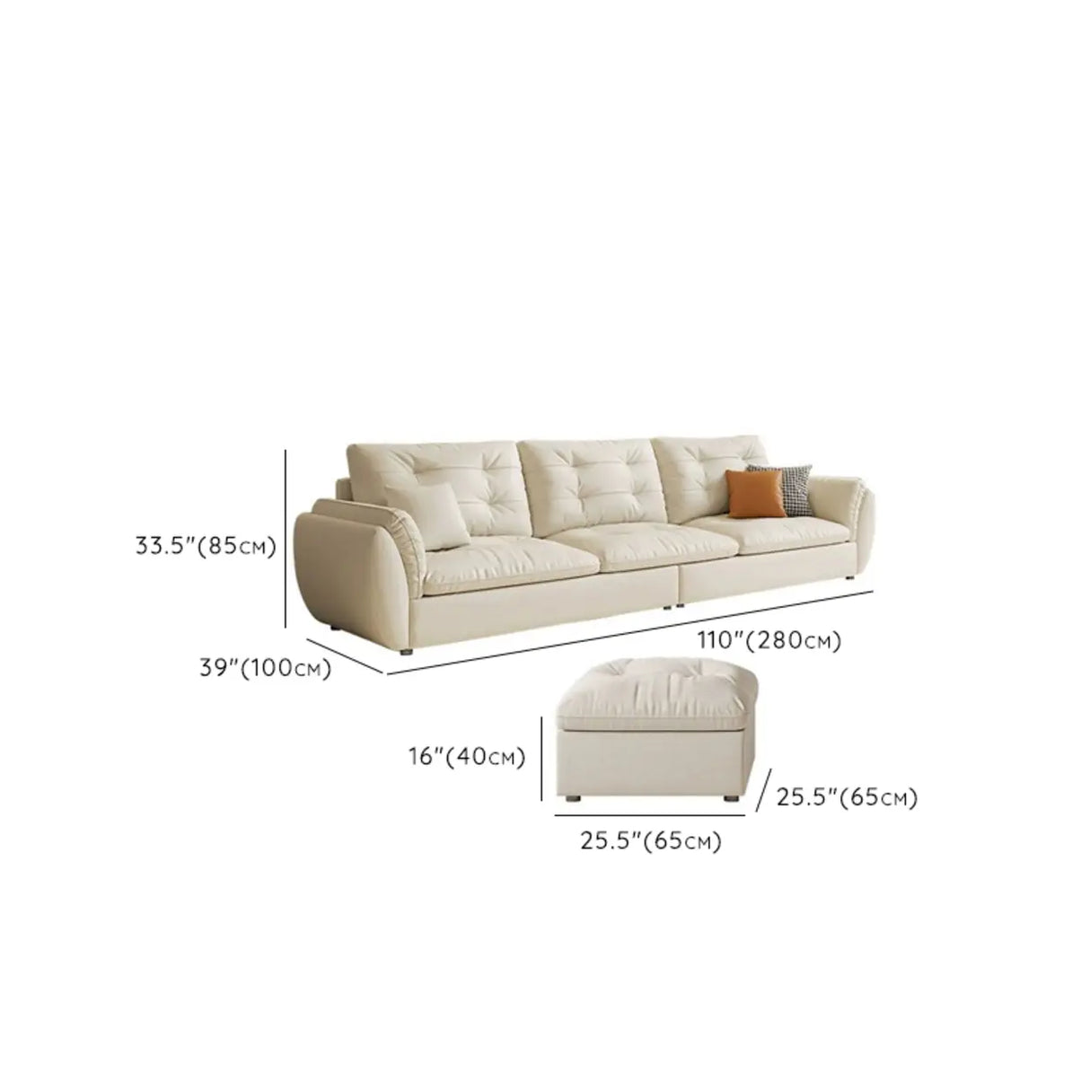 Beige Scratch Resistant Pillow Back Sofa with Ottoman Image - 34
