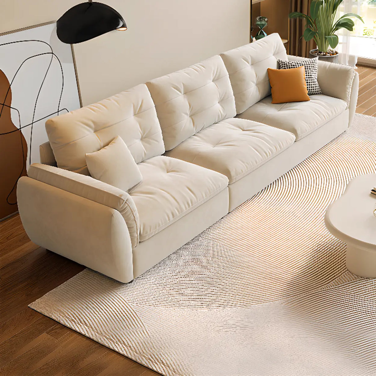 Beige Scratch Resistant Pillow Back Sofa with Ottoman Image - 4