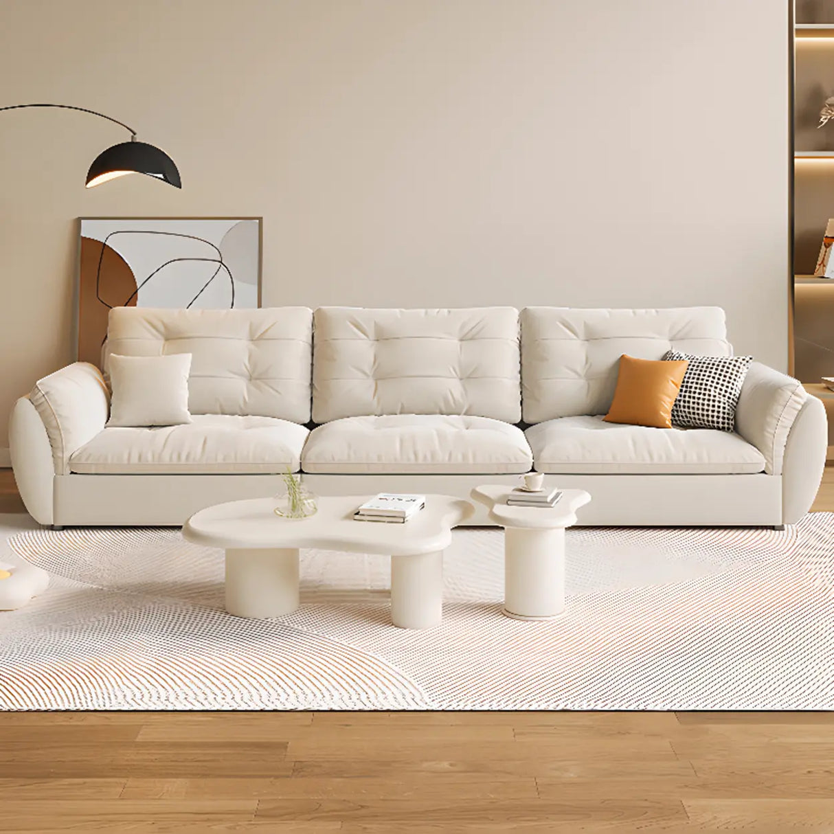 Beige Scratch Resistant Pillow Back Sofa with Ottoman Image - 6