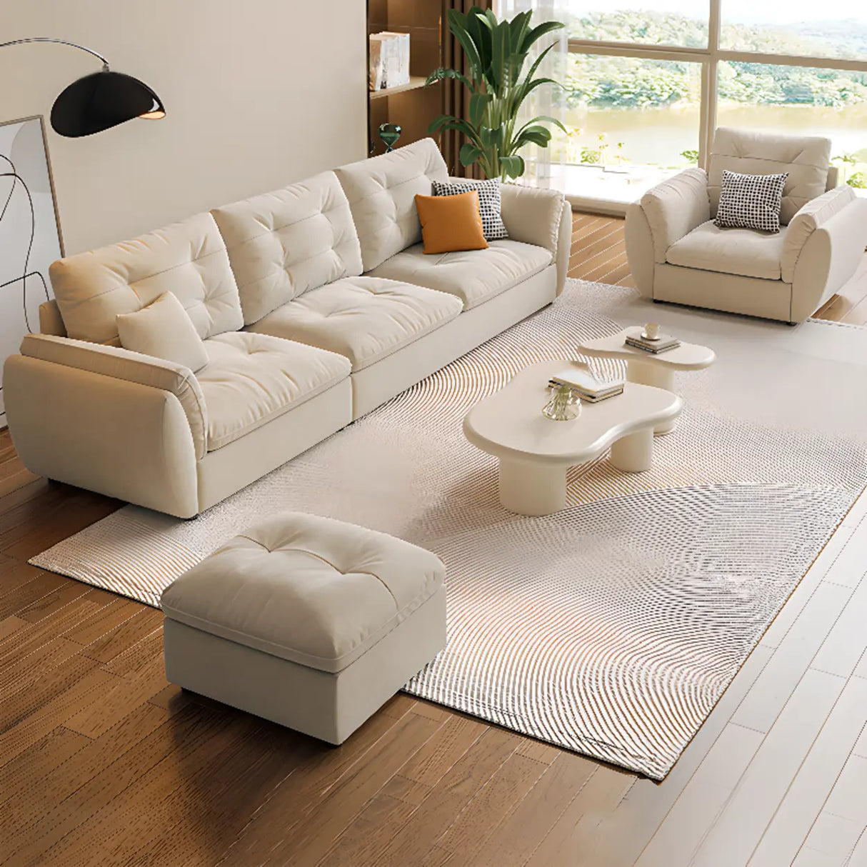 Beige Scratch Resistant Pillow Back Sofa with Ottoman Image - 8