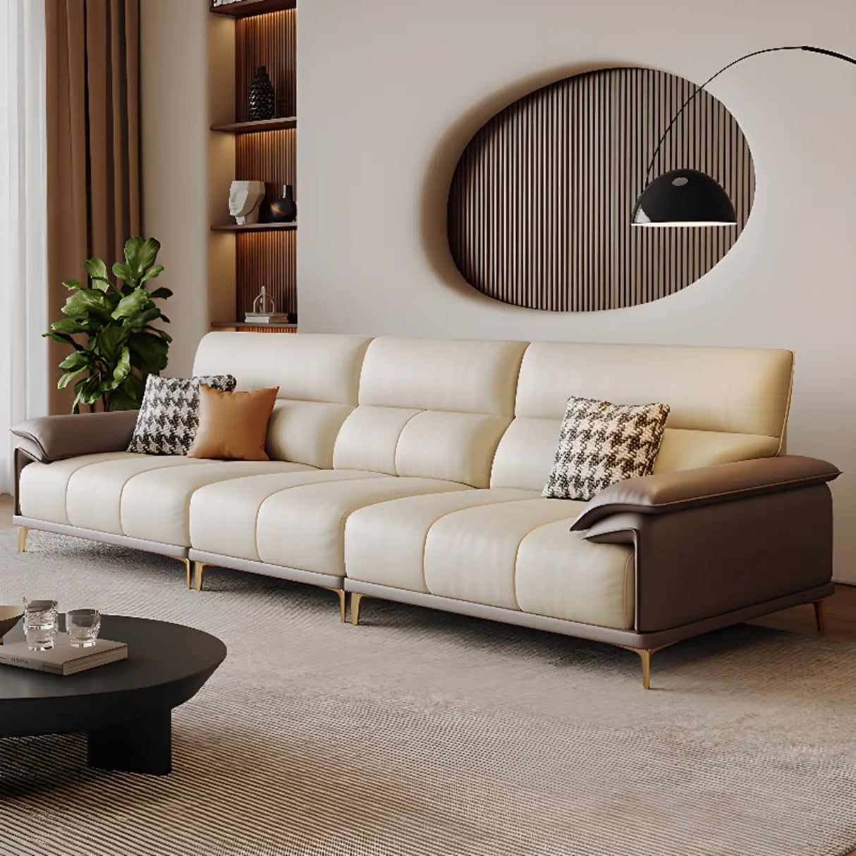 Beige Scratch Resistant Wood Frame Sofa with Arms Image - 1