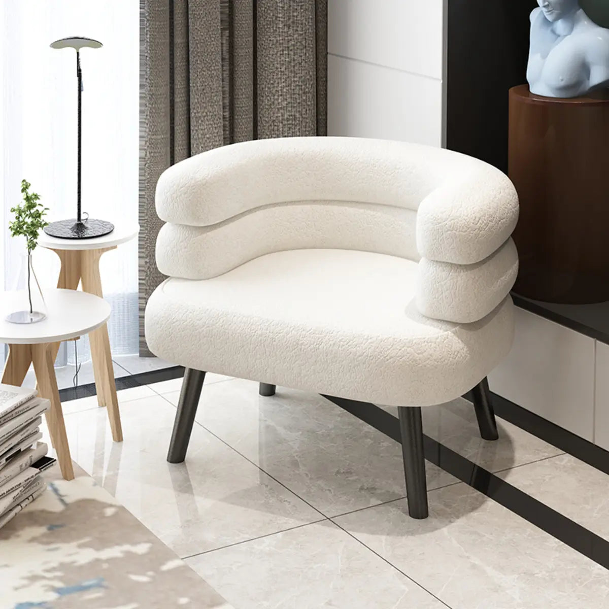 Beige Sherpa Fabric Curved Back Accent Chair with Arms Image - 1