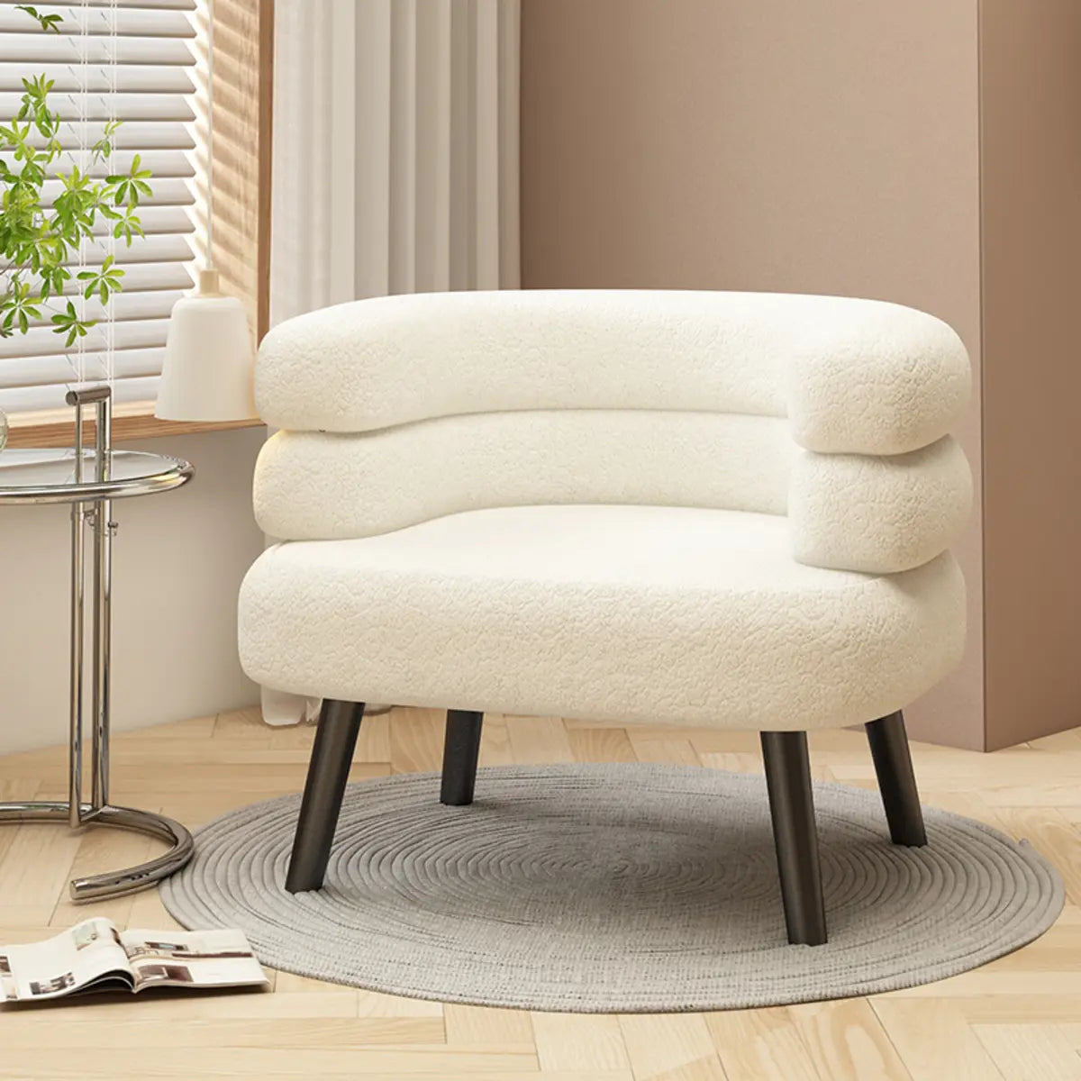 Beige Sherpa Fabric Curved Back Accent Chair with Arms Image - 2