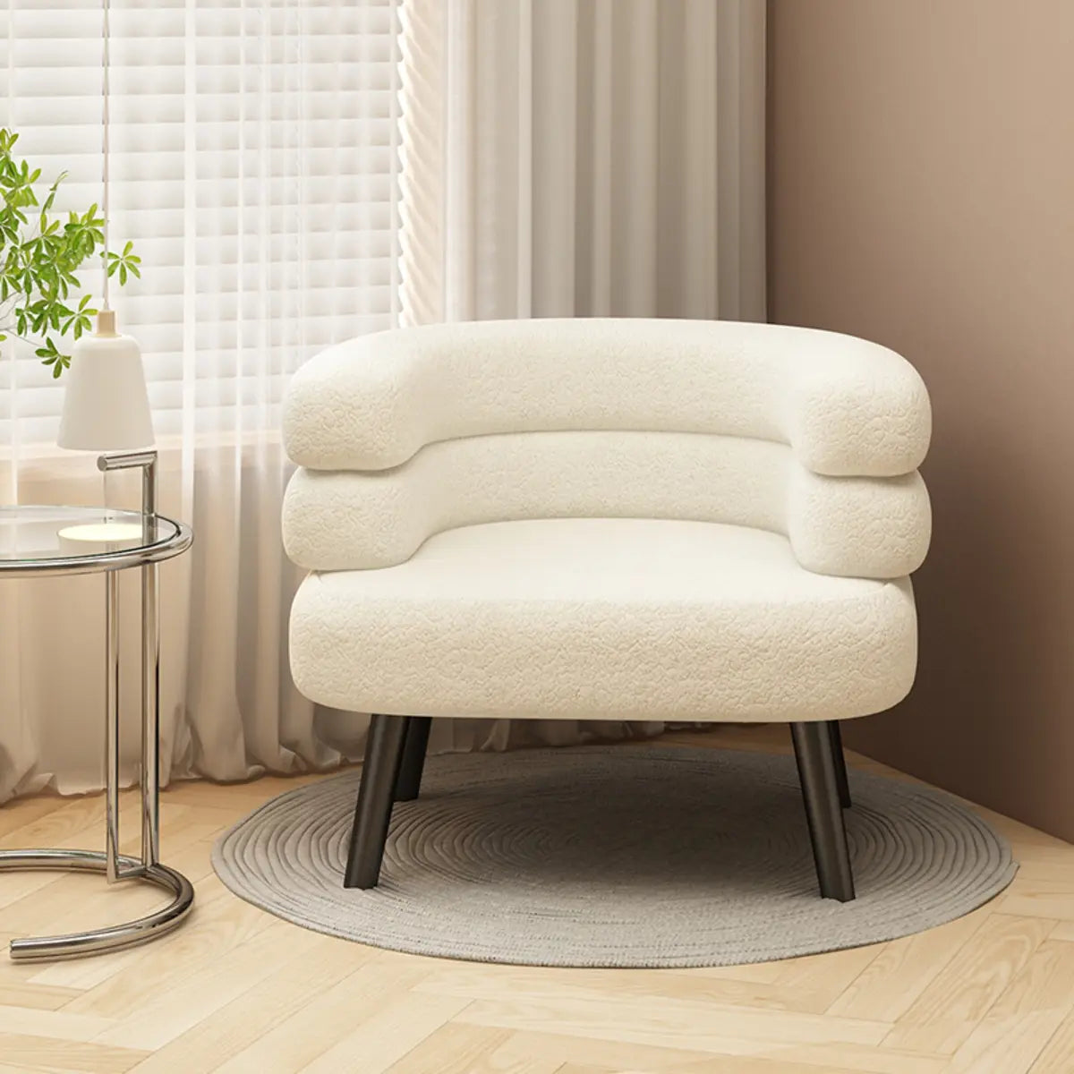 Beige Sherpa Fabric Curved Back Accent Chair with Arms Image - 3