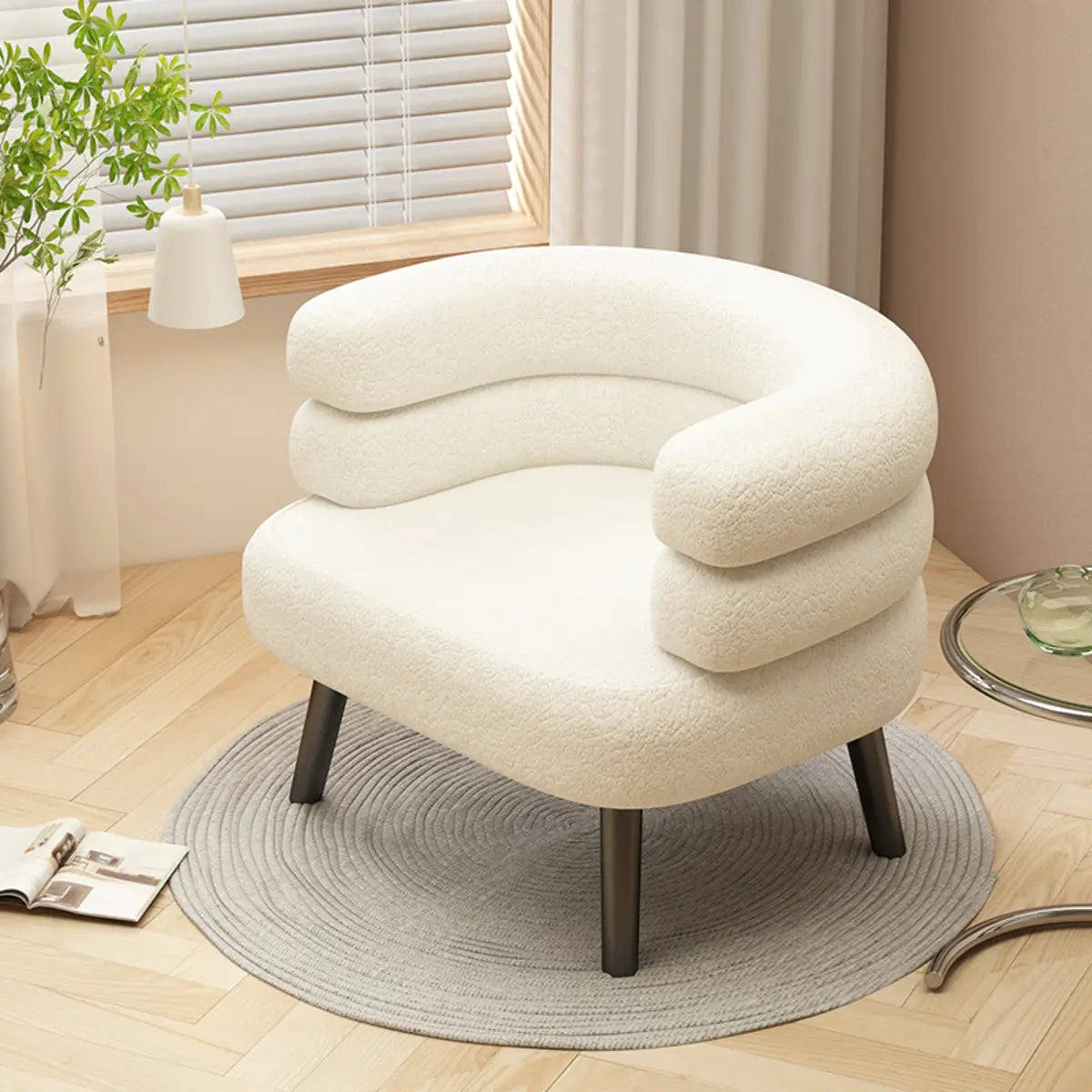 Beige Sherpa Fabric Curved Back Accent Chair with Arms Image - 4