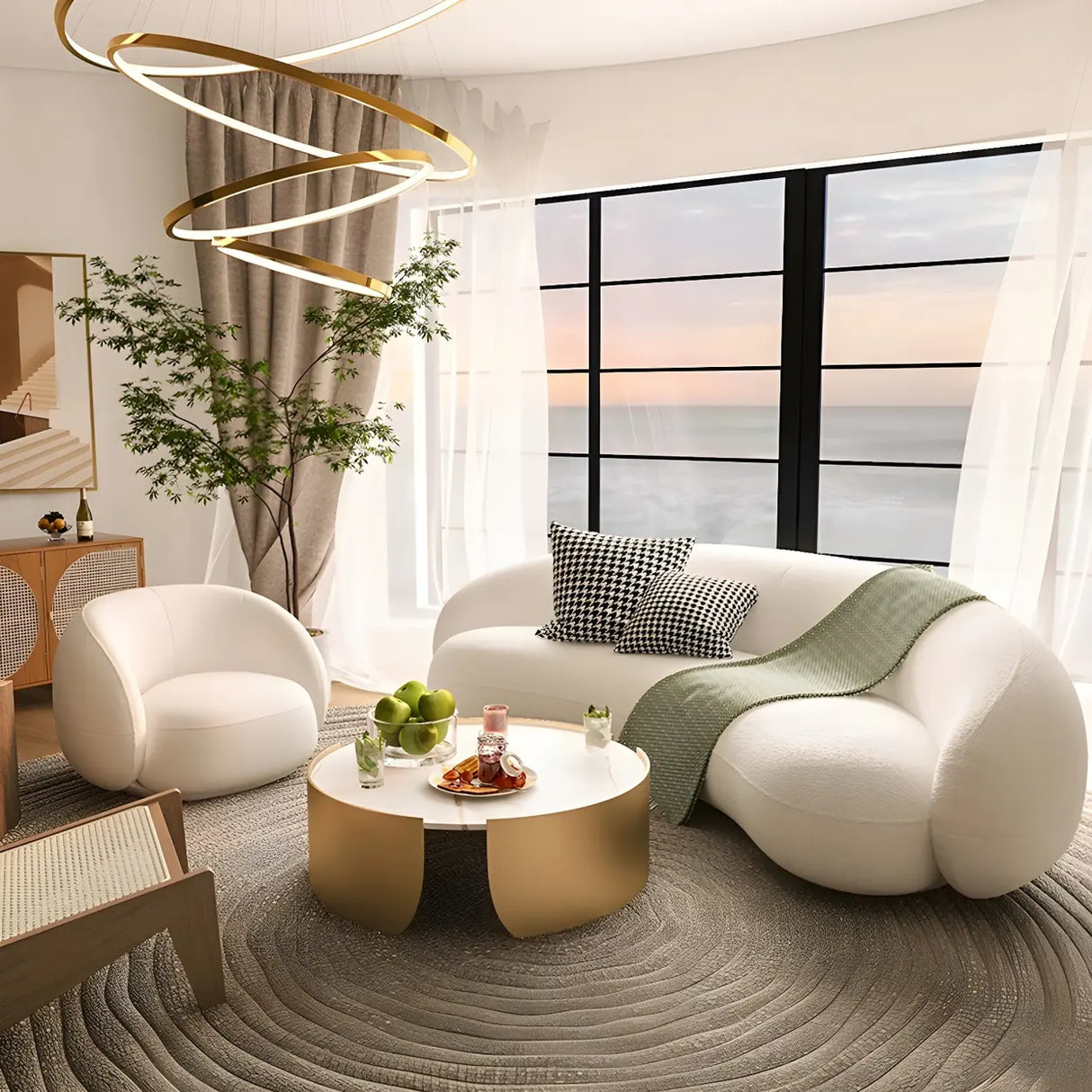 Beige Sherpa Fabric Pillow Memory Foam Seat Fill Sofa Image - 1