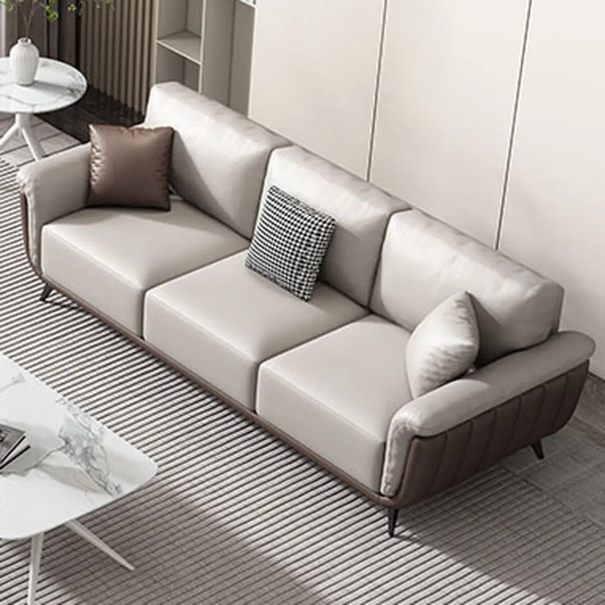 Beige Stain Resistant Leather Flared Arm Wood Leg Sofa Image - 1