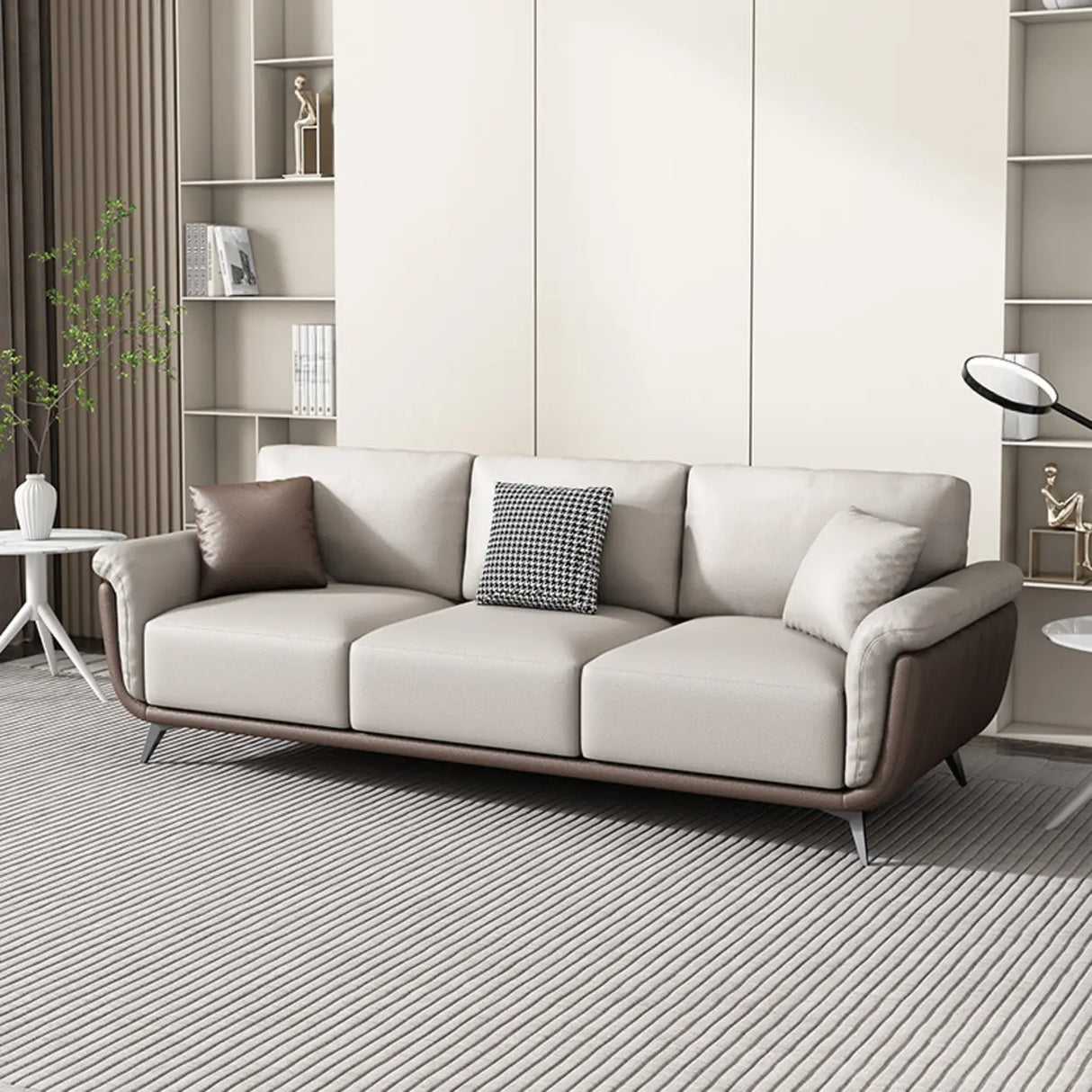 Beige Stain Resistant Leather Flared Arm Wood Leg Sofa Image - 2