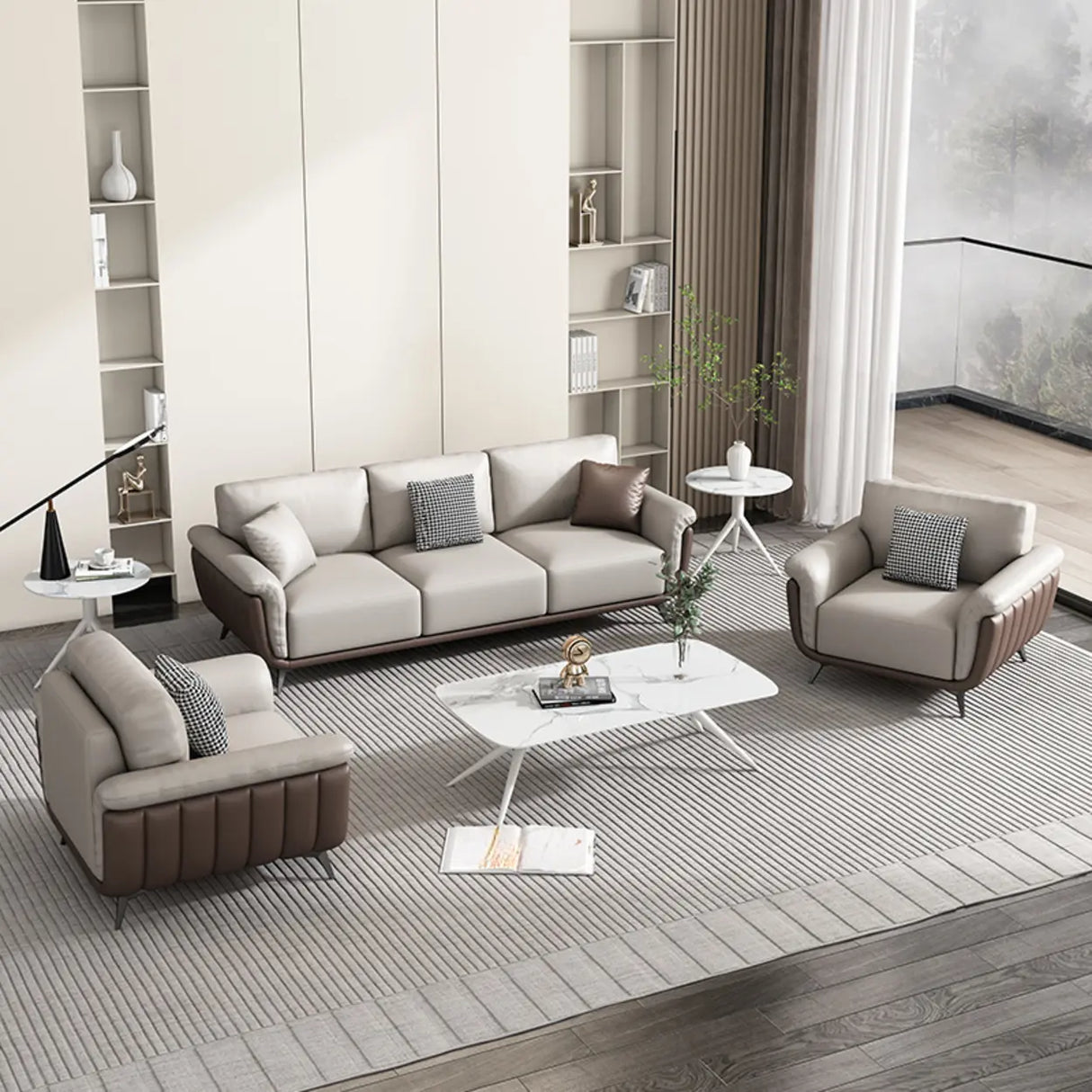 Beige Stain Resistant Leather Flared Arm Wood Leg Sofa Image - 3