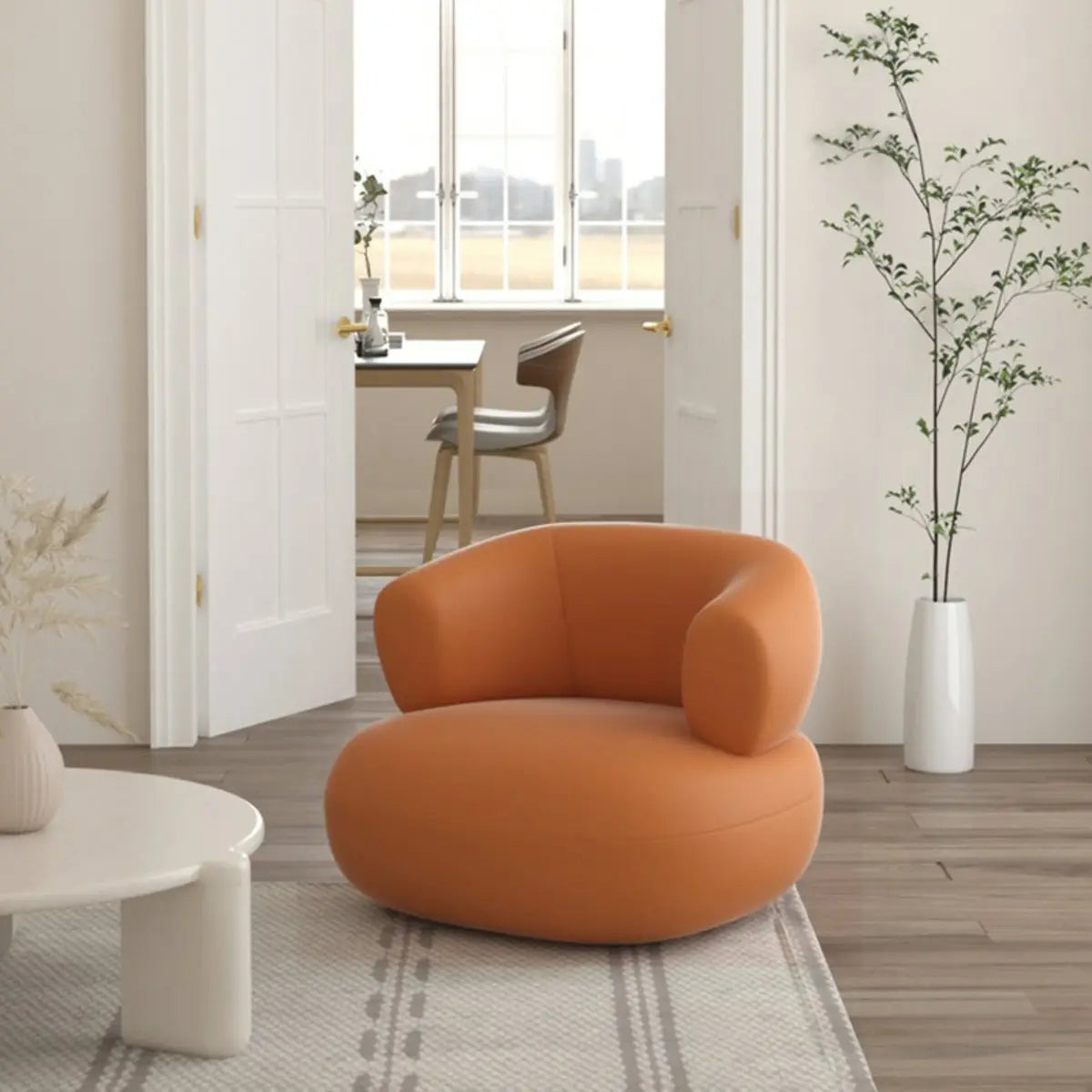 Beige Stain Resistant Round Arm Curved Back Arm Chair Image - 2