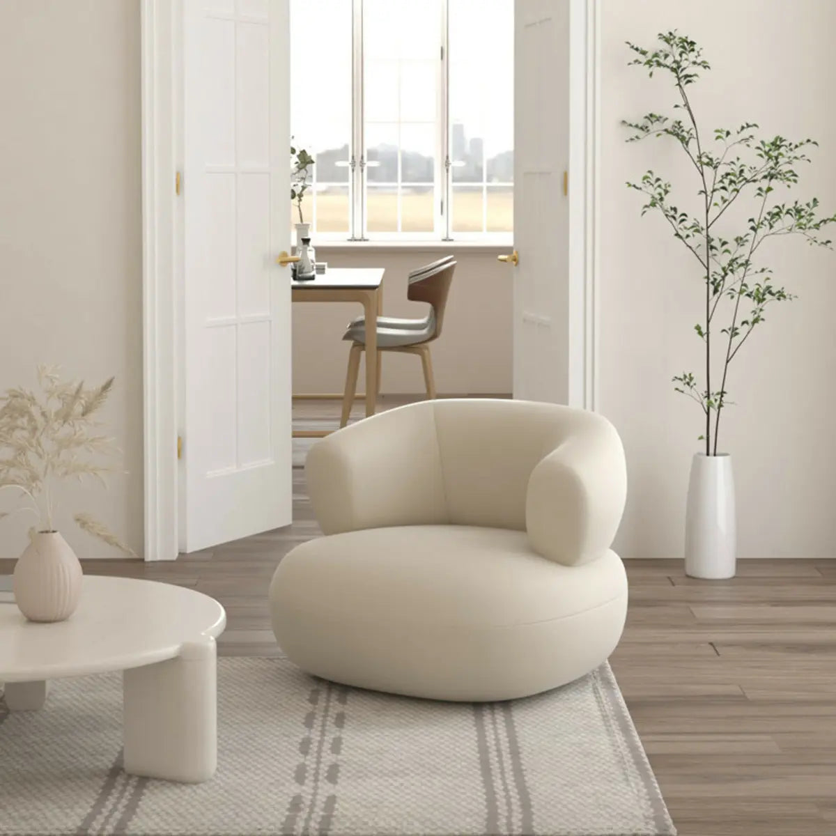 Beige Stain Resistant Round Arm Curved Back Arm Chair Image - 3