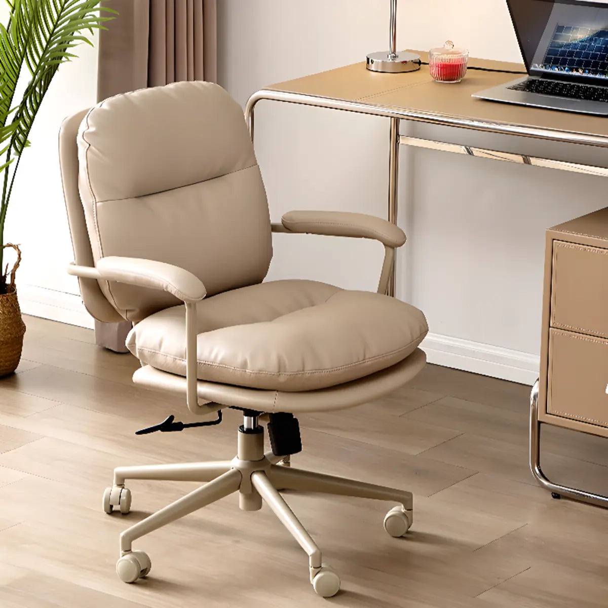 Beige Swivel Ergonomic Leather Office Chair with Wheels Image - 1
