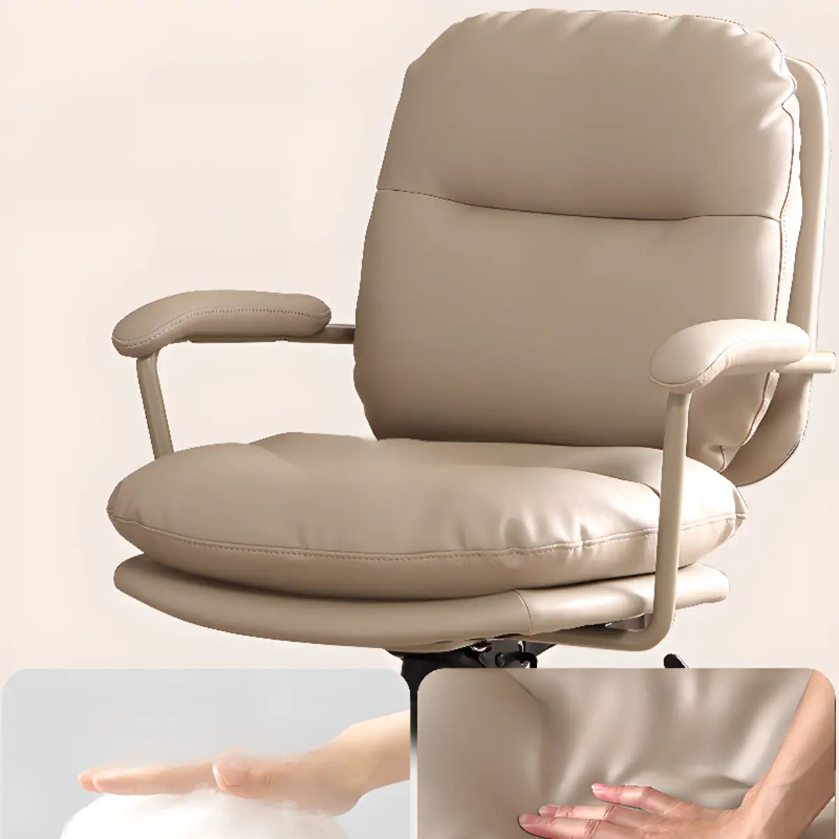 Beige Swivel Ergonomic Leather Office Chair with Wheels Image - 10