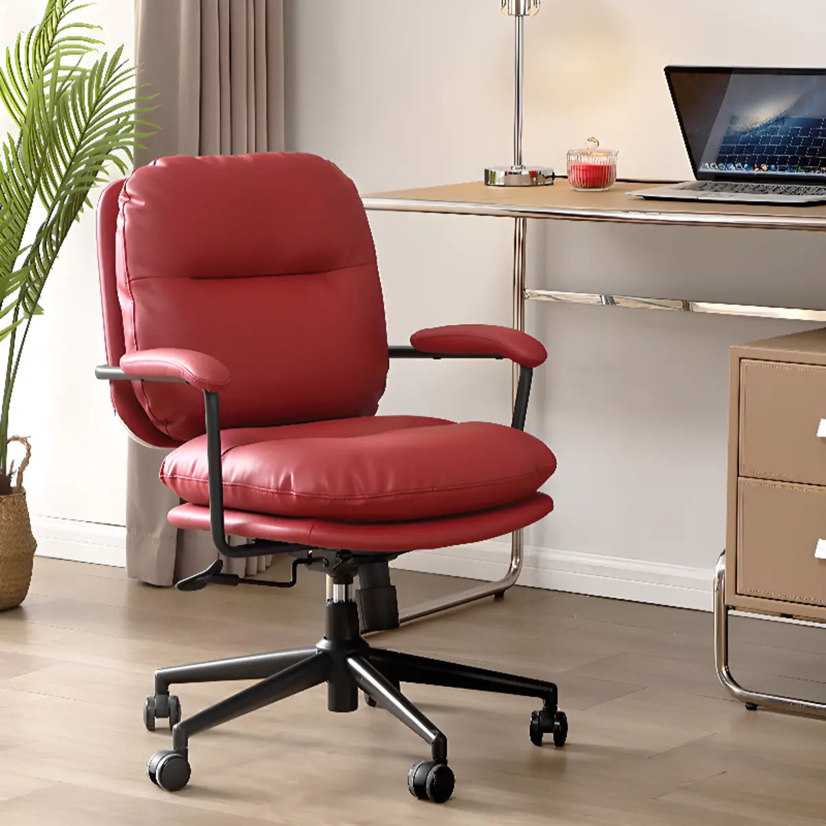 Beige Swivel Ergonomic Leather Office Chair with Wheels Image - 4