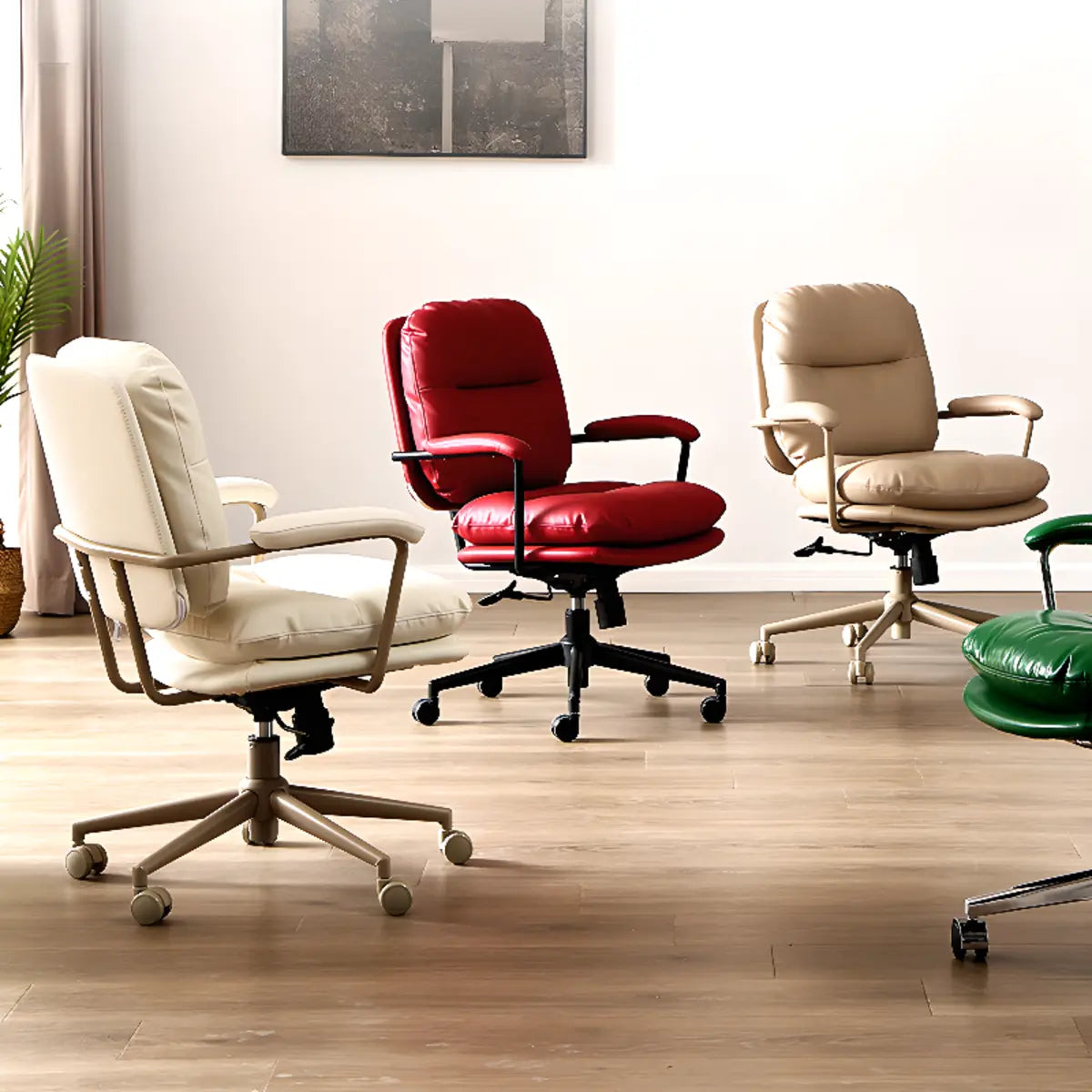 Beige Swivel Ergonomic Leather Office Chair with Wheels Image - 6